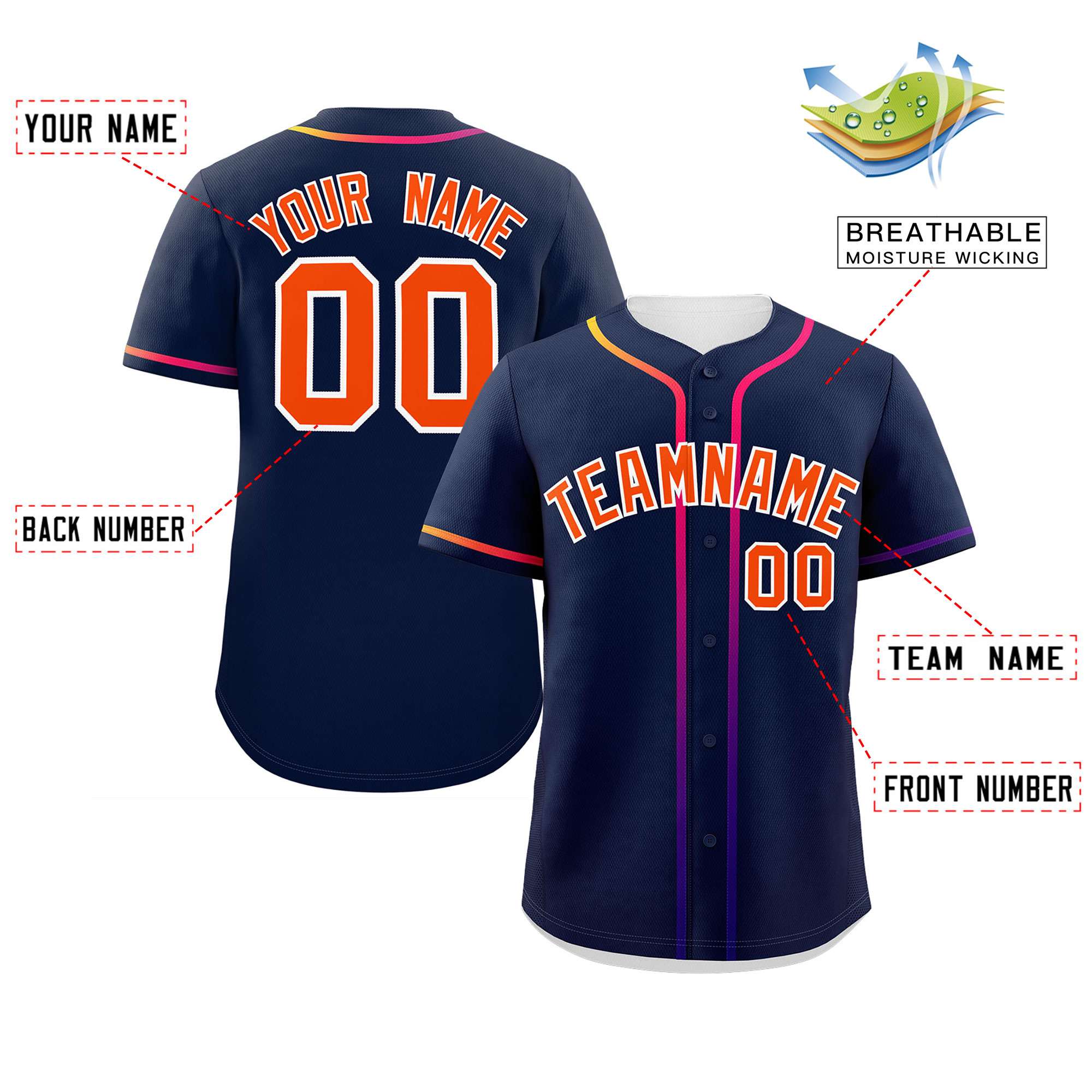 Custom Navy Orange Personalized Gradient Ribbed Design Authentic Baseball Jersey