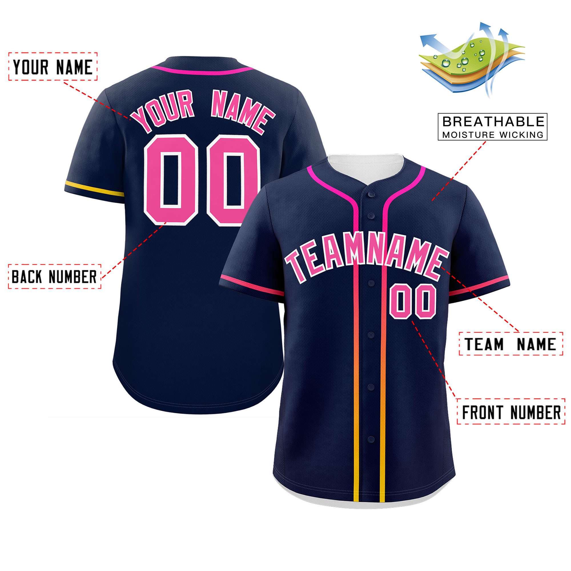 Custom Navy Pink Personalized Gradient Ribbed Design Authentic Baseball Jersey