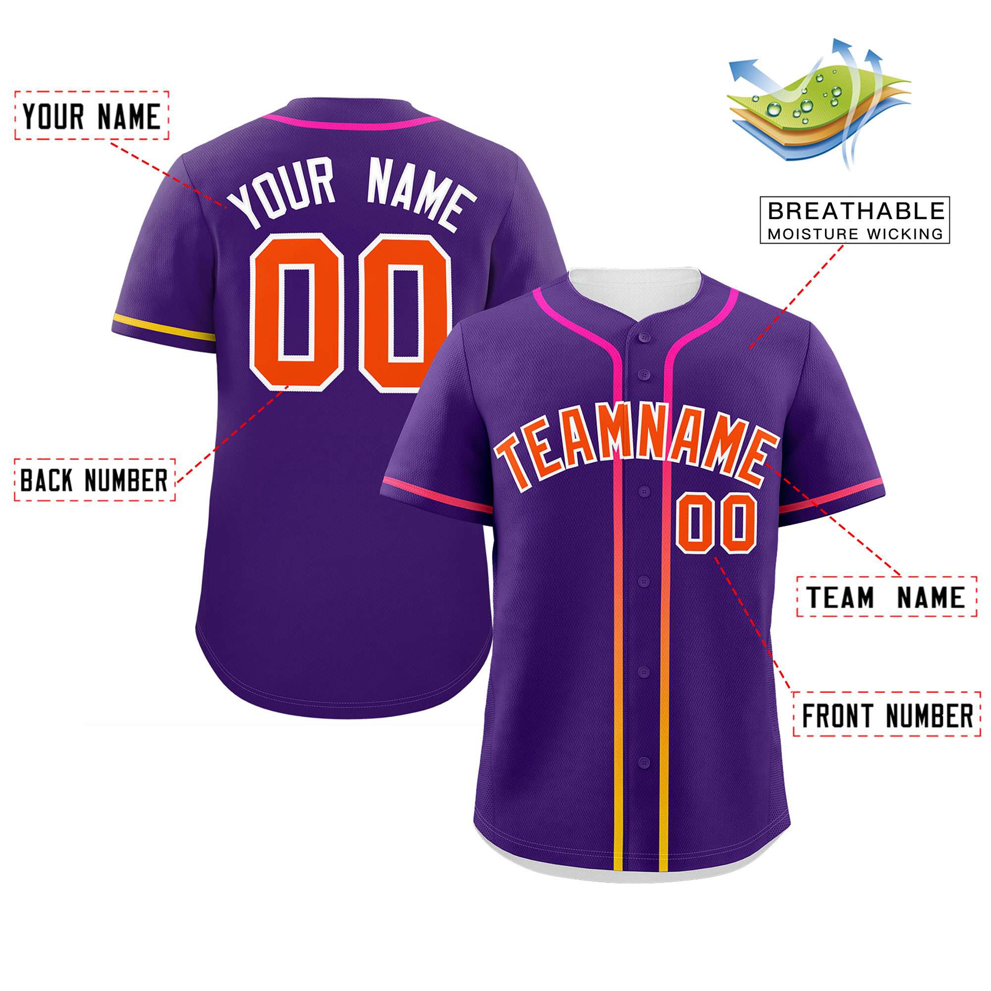 Custom Purple Orange Personalized Gradient Ribbed Design Authentic Baseball Jersey