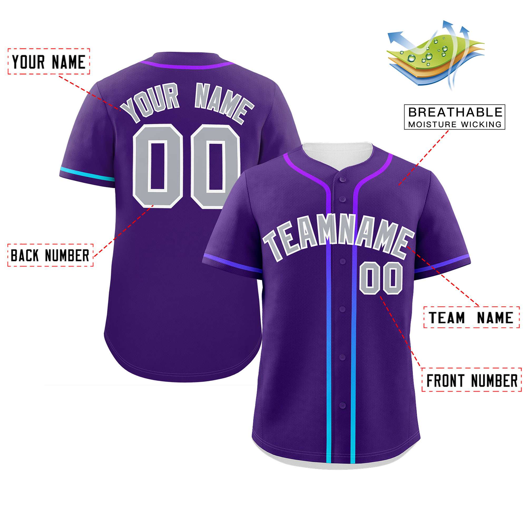 Custom Purple Light Gray Personalized Gradient Ribbed Design Authentic Baseball Jersey