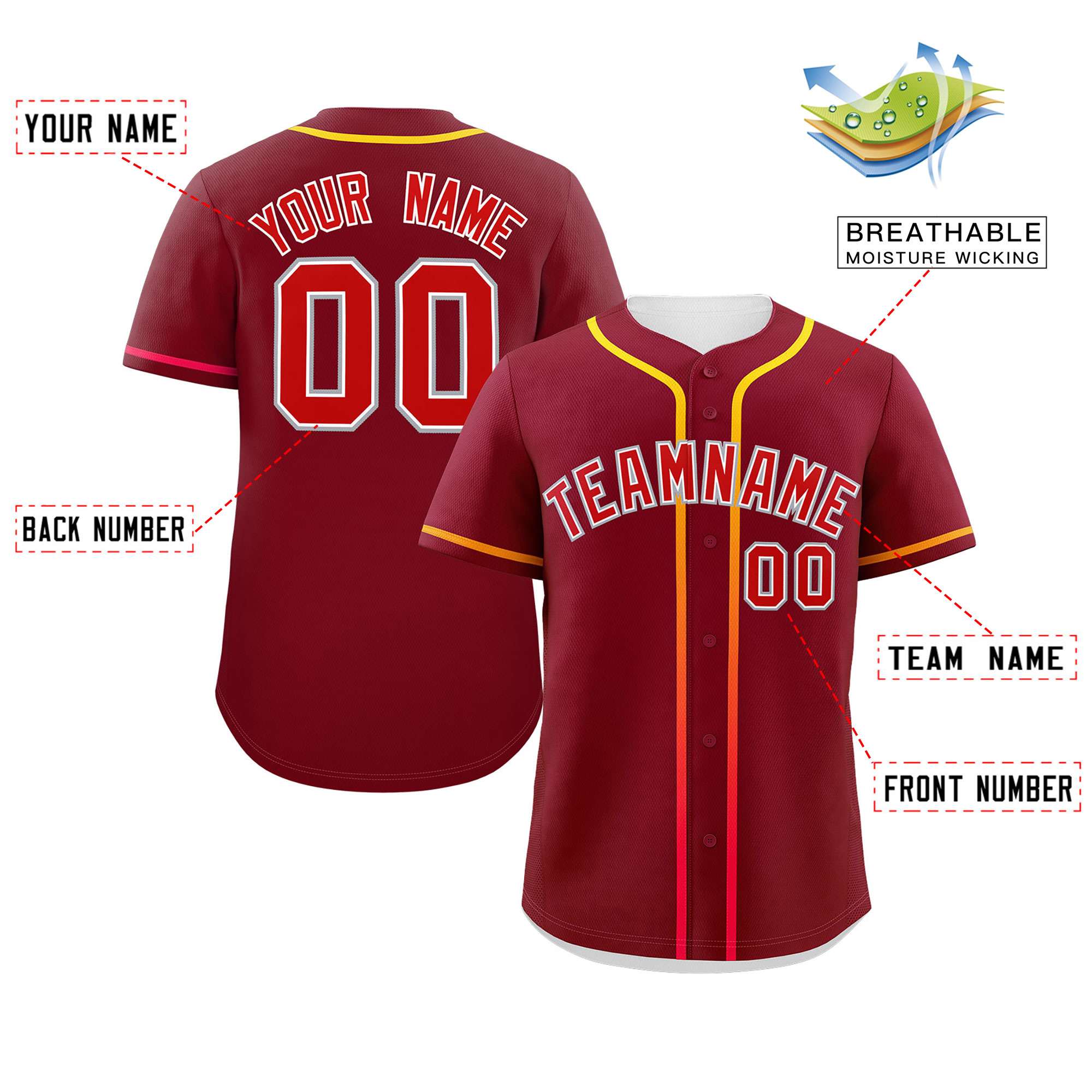 Custom Crimson Red Personalized Gradient Ribbed Design Authentic Baseball Jersey