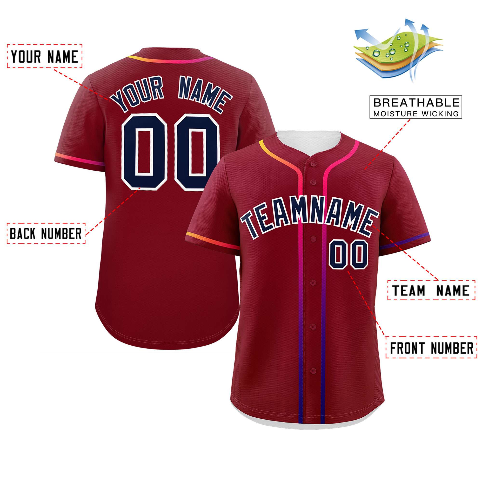 Custom Crimson Navy Personalized Gradient Ribbed Design Authentic Baseball Jersey