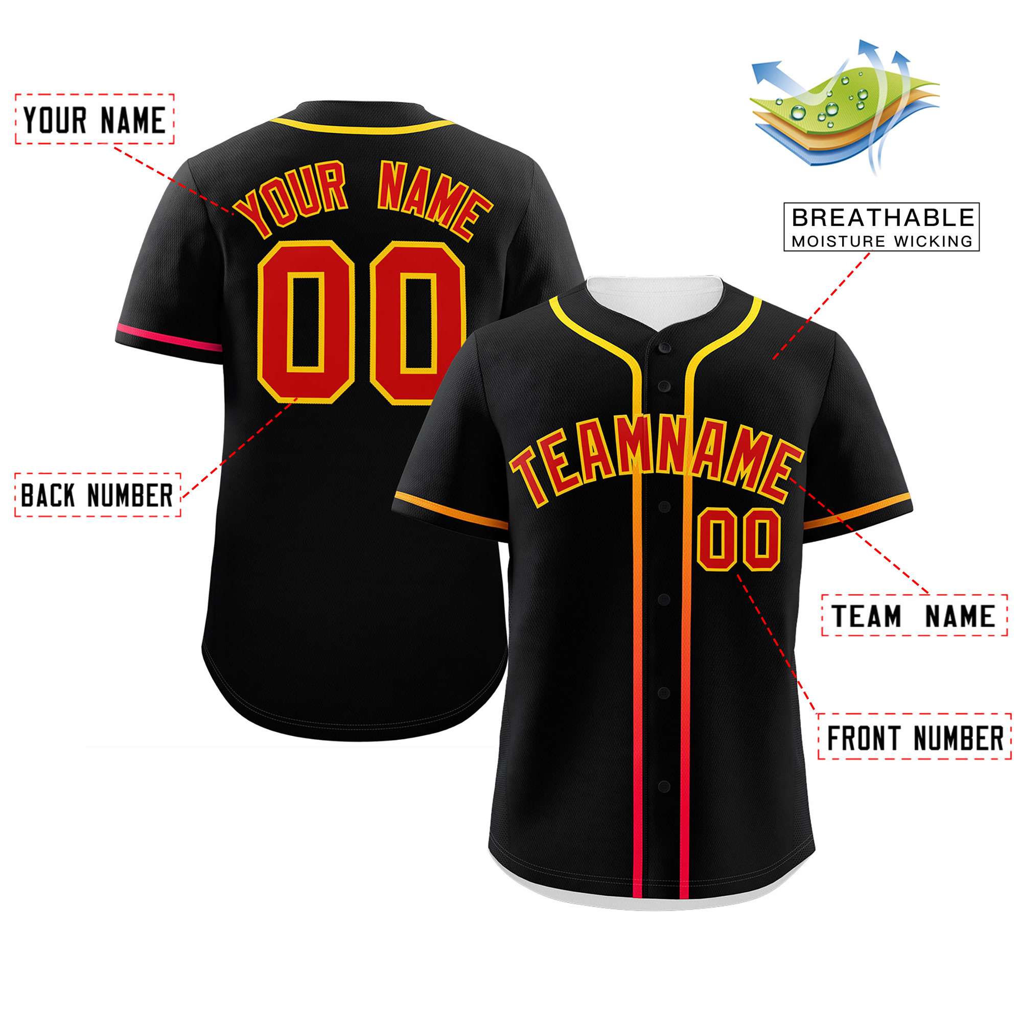 Custom Black Red Personalized Gradient Ribbed Design Authentic Baseball Jersey