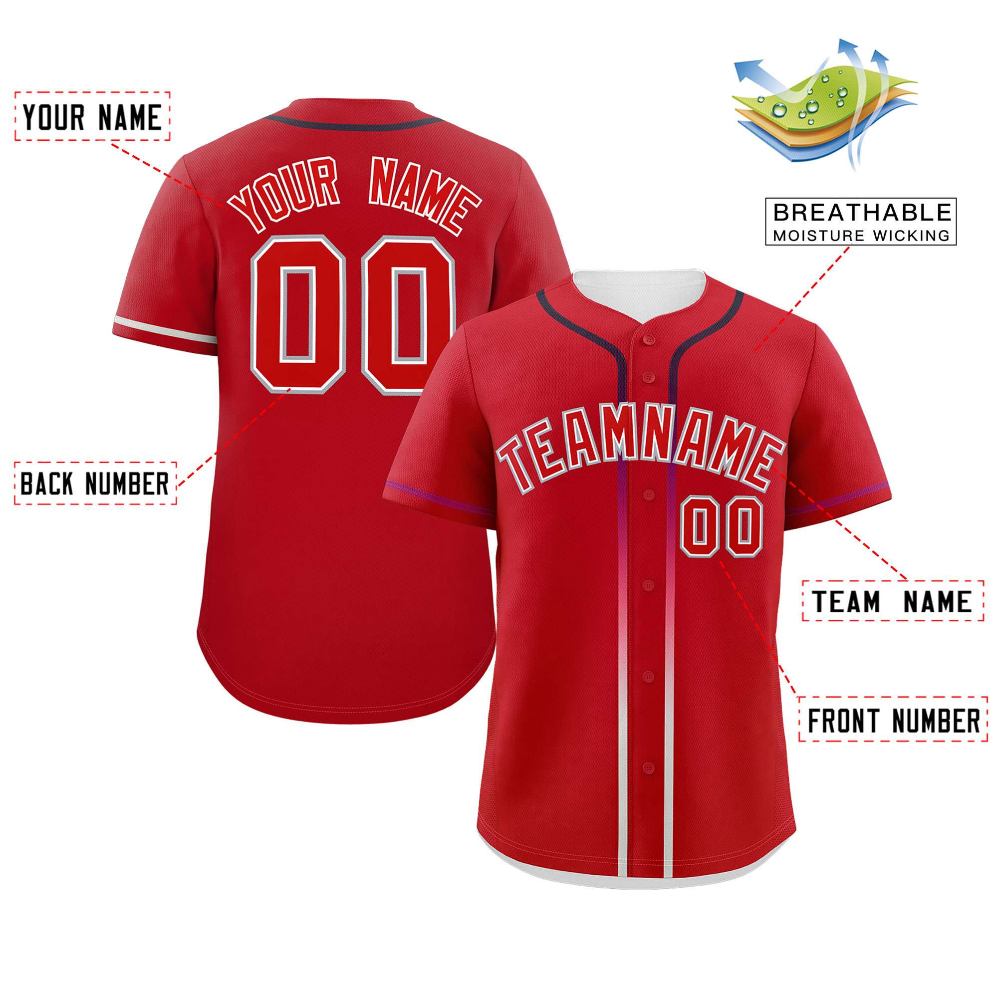 Custom Red Personalized Gradient Ribbed Design Authentic Baseball Jersey