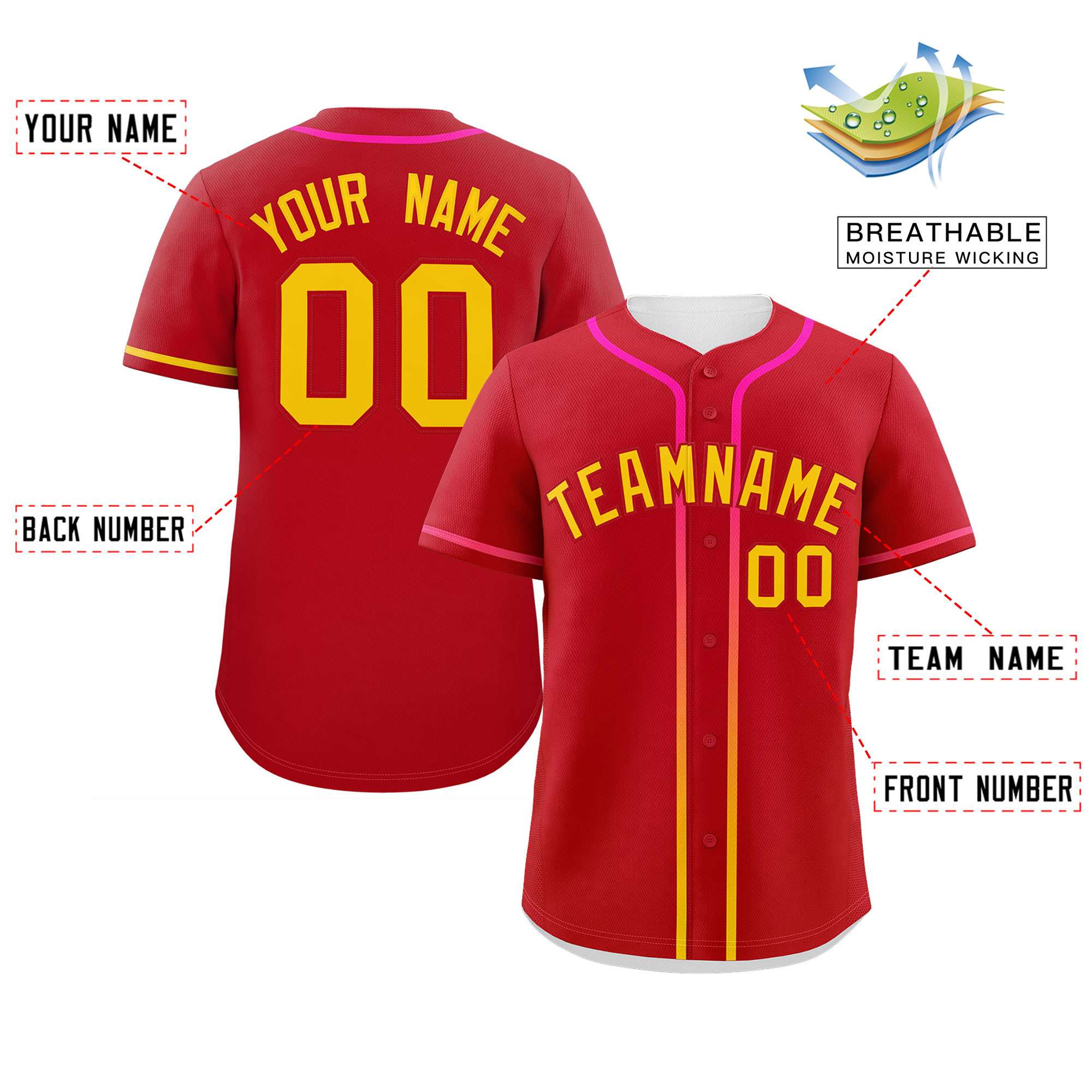 Custom Red Gold Personalized Gradient Ribbed Design Authentic Baseball Jersey