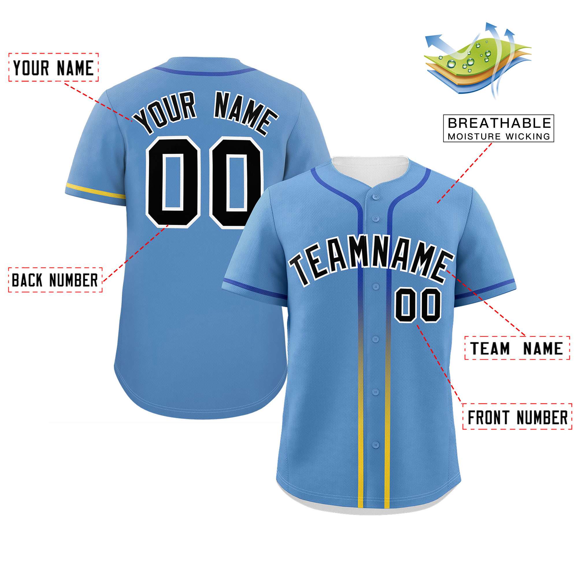 Custom Light Blue Black Personalized Gradient Ribbed Design Authentic Baseball Jersey