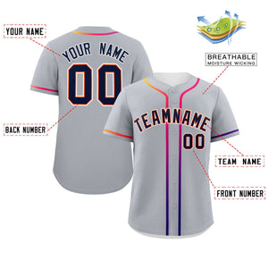 Custom Light Gray Navy Personalized Gradient Ribbed Design Authentic Baseball Jersey