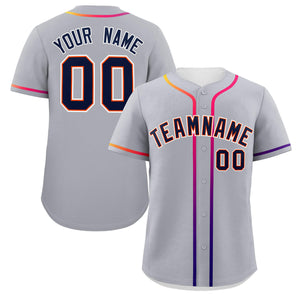 Custom Light Gray Navy Personalized Gradient Ribbed Design Authentic Baseball Jersey