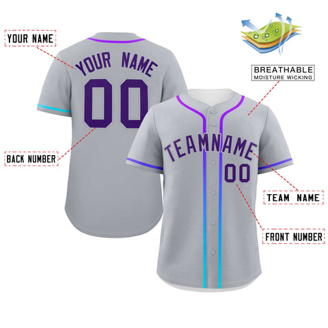 Custom Light Gray Purple Personalized Gradient Ribbed Design Authentic Baseball Jersey