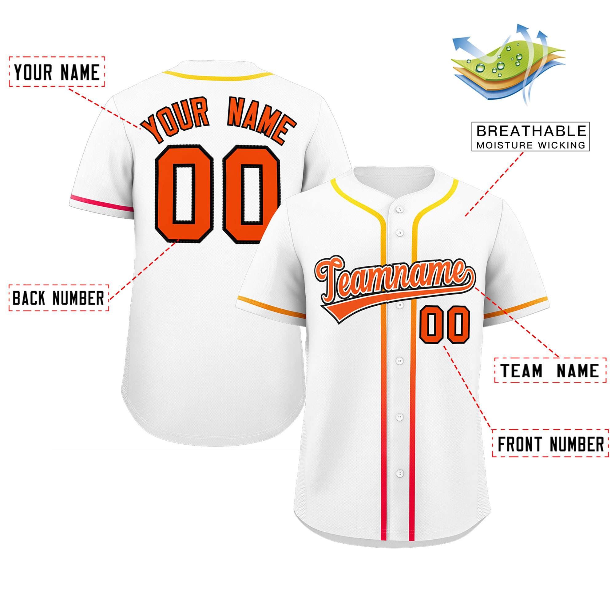 Custom White Orange Personalized Gradient Ribbed Design Authentic Baseball Jersey