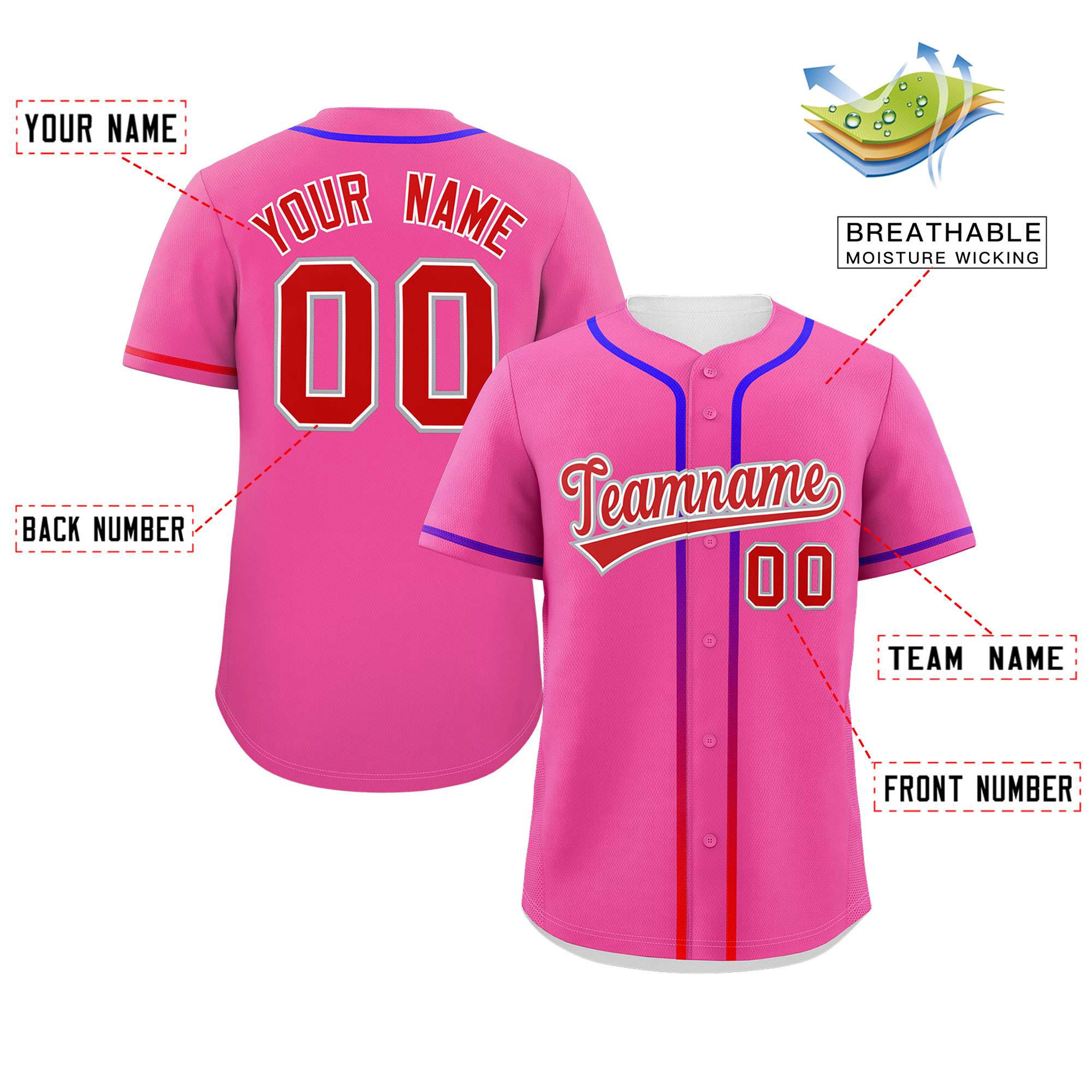 Custom Pink Red Personalized Gradient Ribbed Design Authentic Baseball Jersey