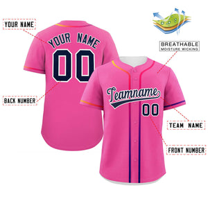 Custom Pink Navy Personalized Gradient Ribbed Design Authentic Baseball Jersey