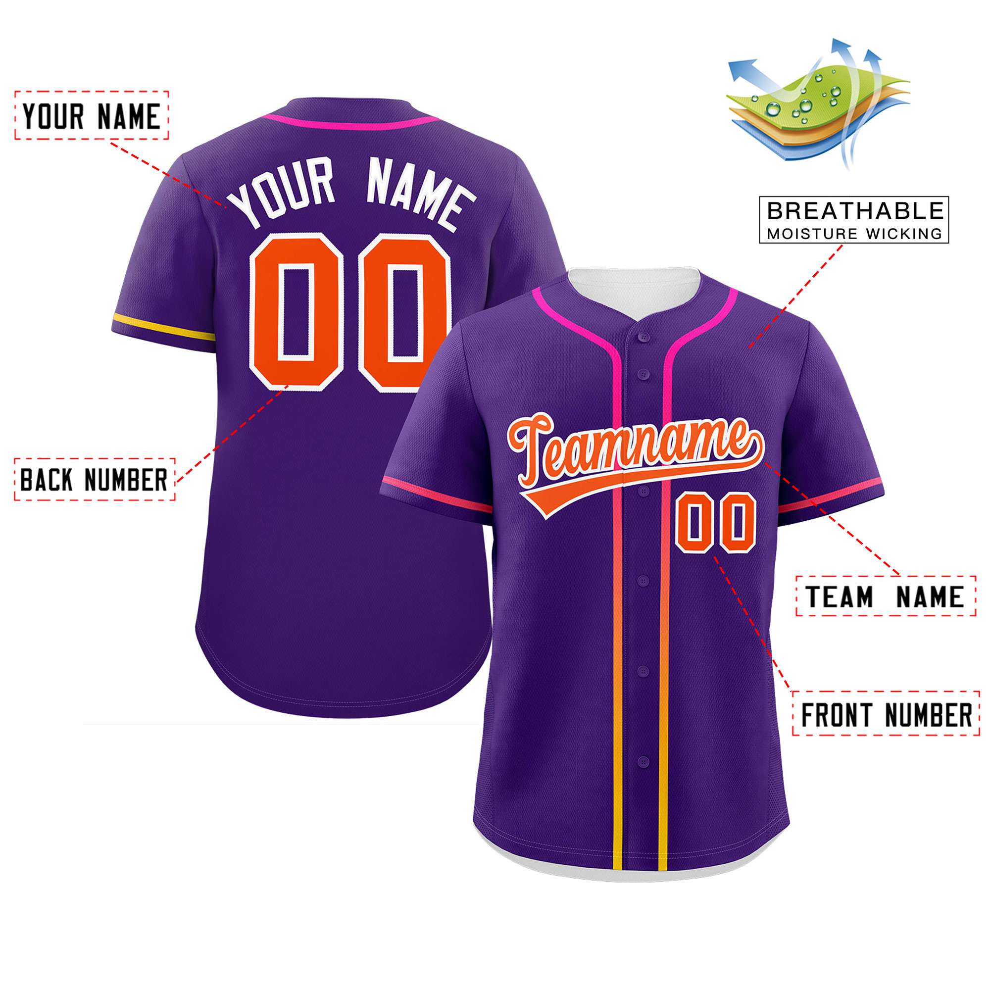 Custom Purple Orange Personalized Gradient Ribbed Design Authentic Baseball Jersey