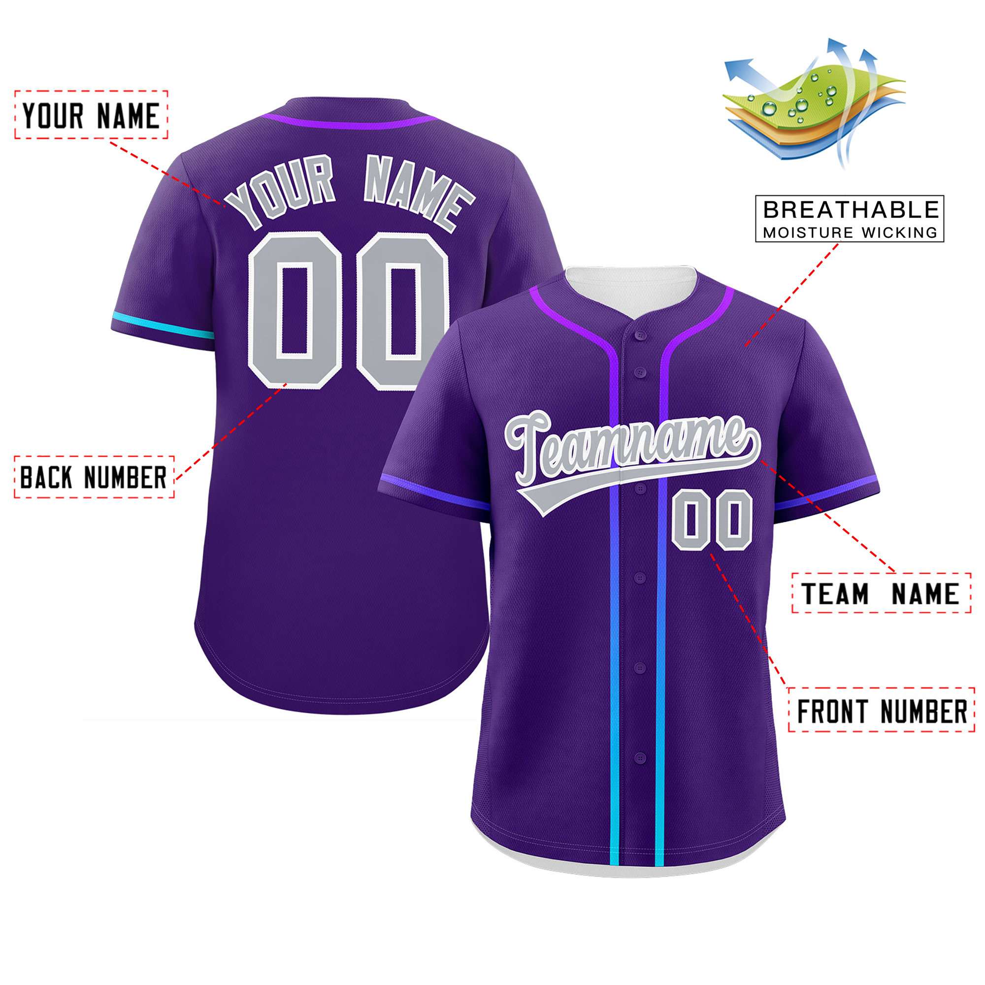 Custom Purple Light Gray Personalized Gradient Ribbed Design Authentic Baseball Jersey