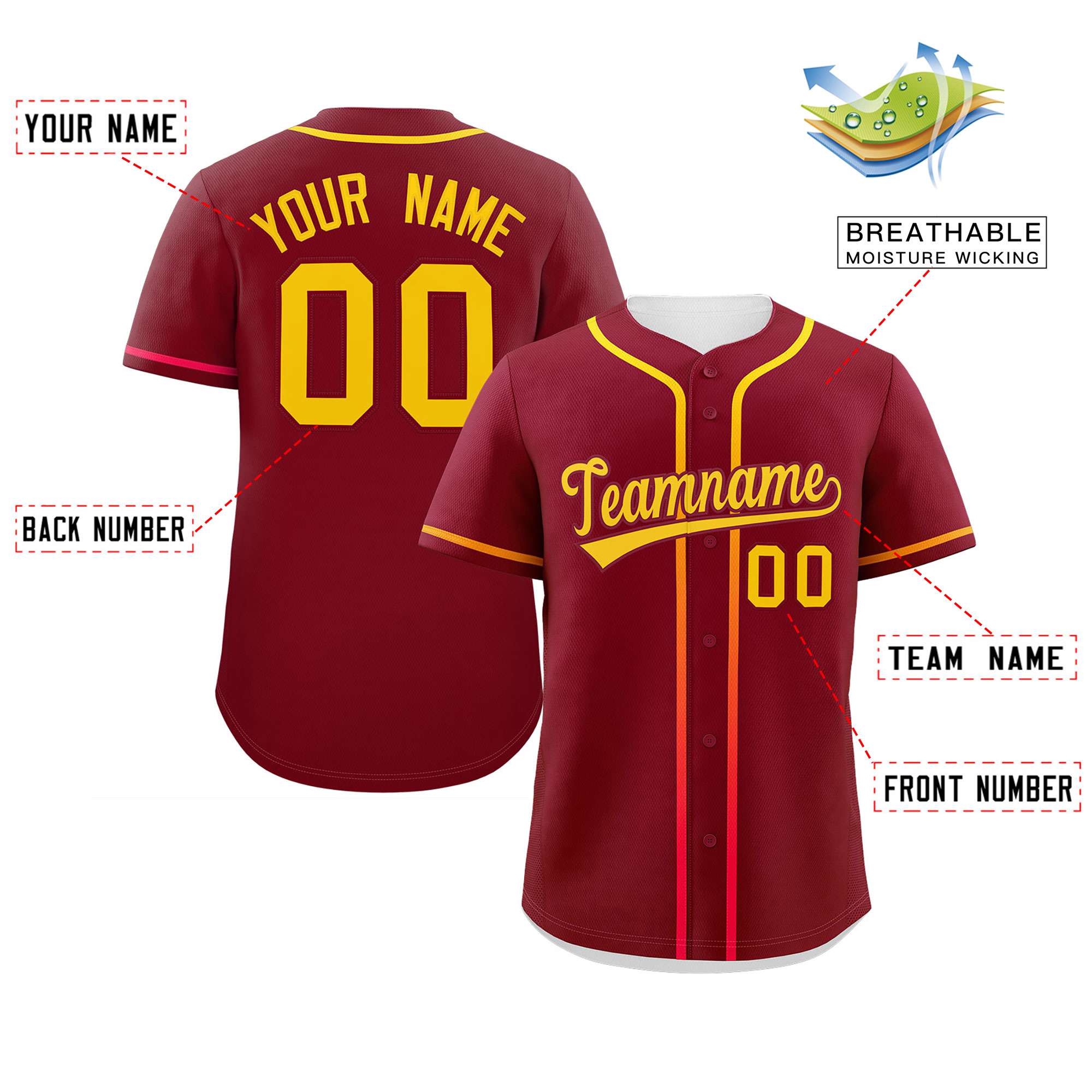 Custom Crimson Gold Personalized Gradient Ribbed Design Authentic Baseball Jersey