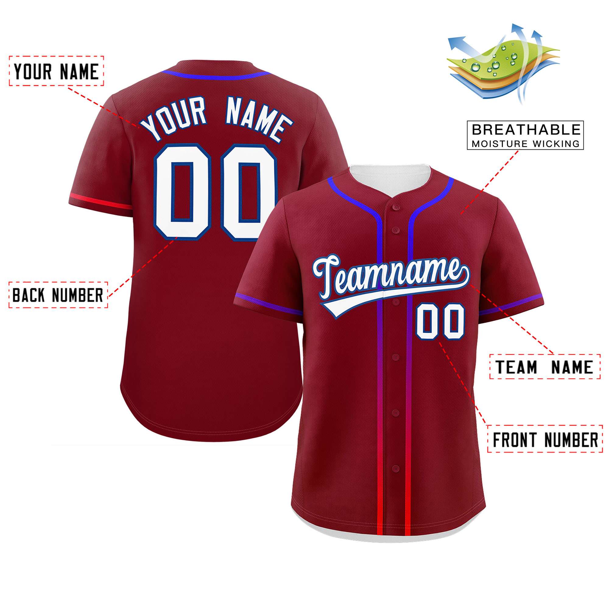 Custom Crimson White Personalized Gradient Ribbed Design Authentic Baseball Jersey