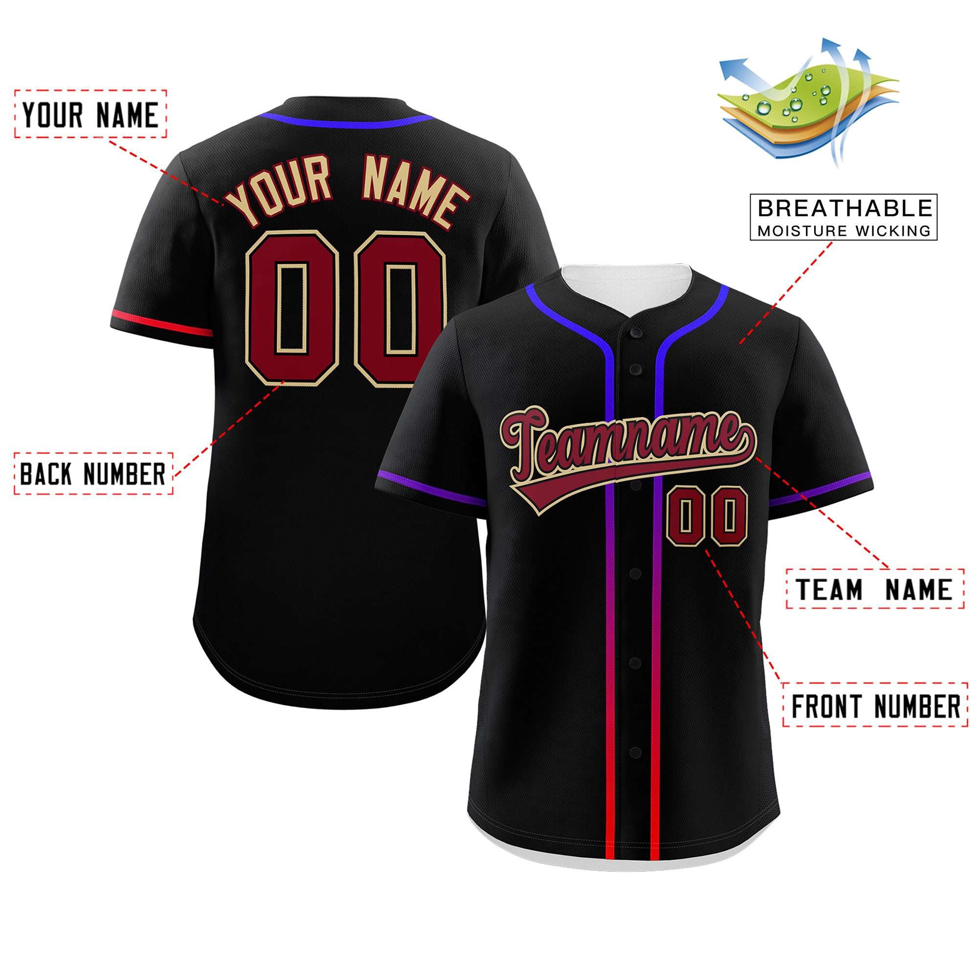 Custom Black Crimson Personalized Gradient Ribbed Design Authentic Baseball Jersey