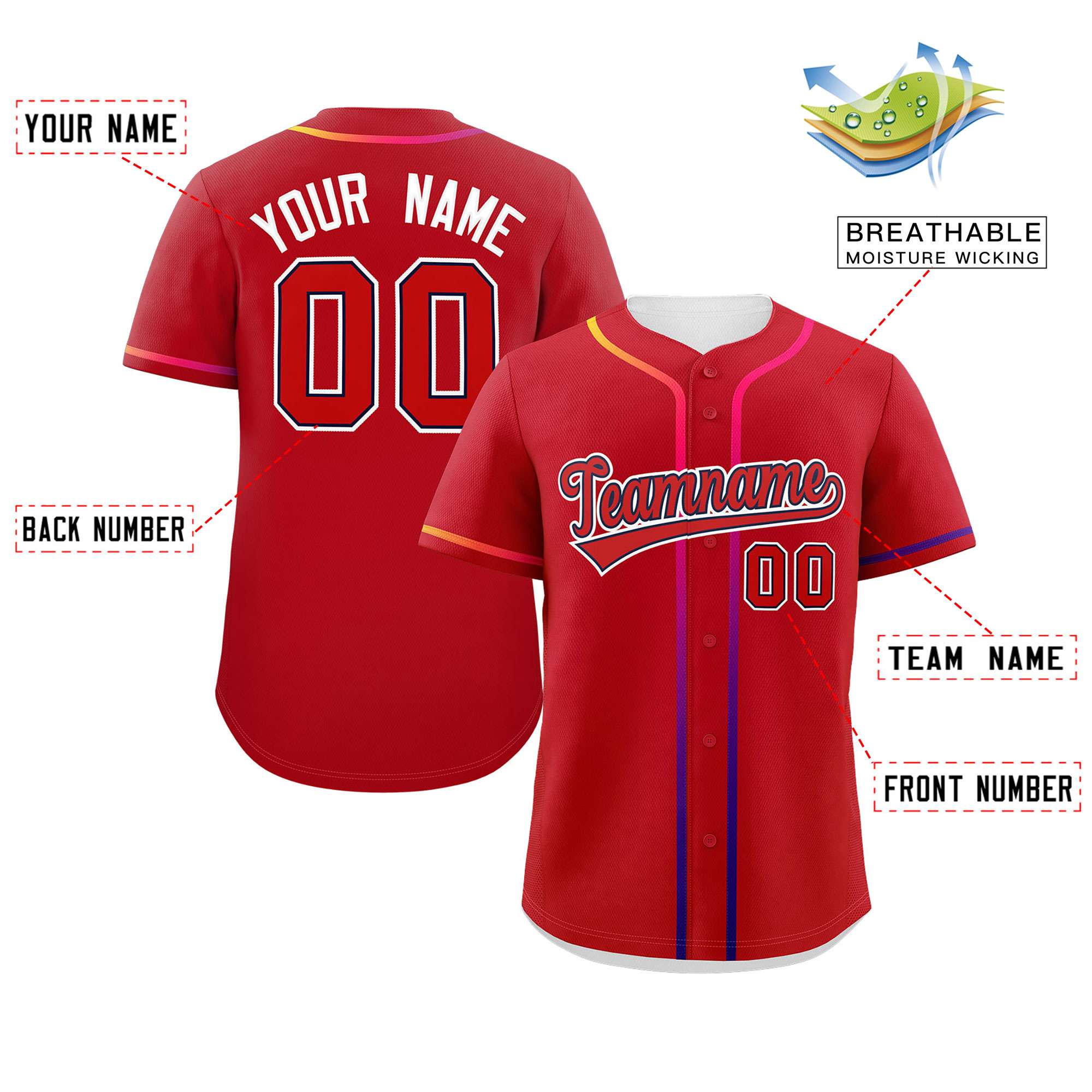 Custom Red White Personalized Gradient Ribbed Design Authentic Baseball Jersey