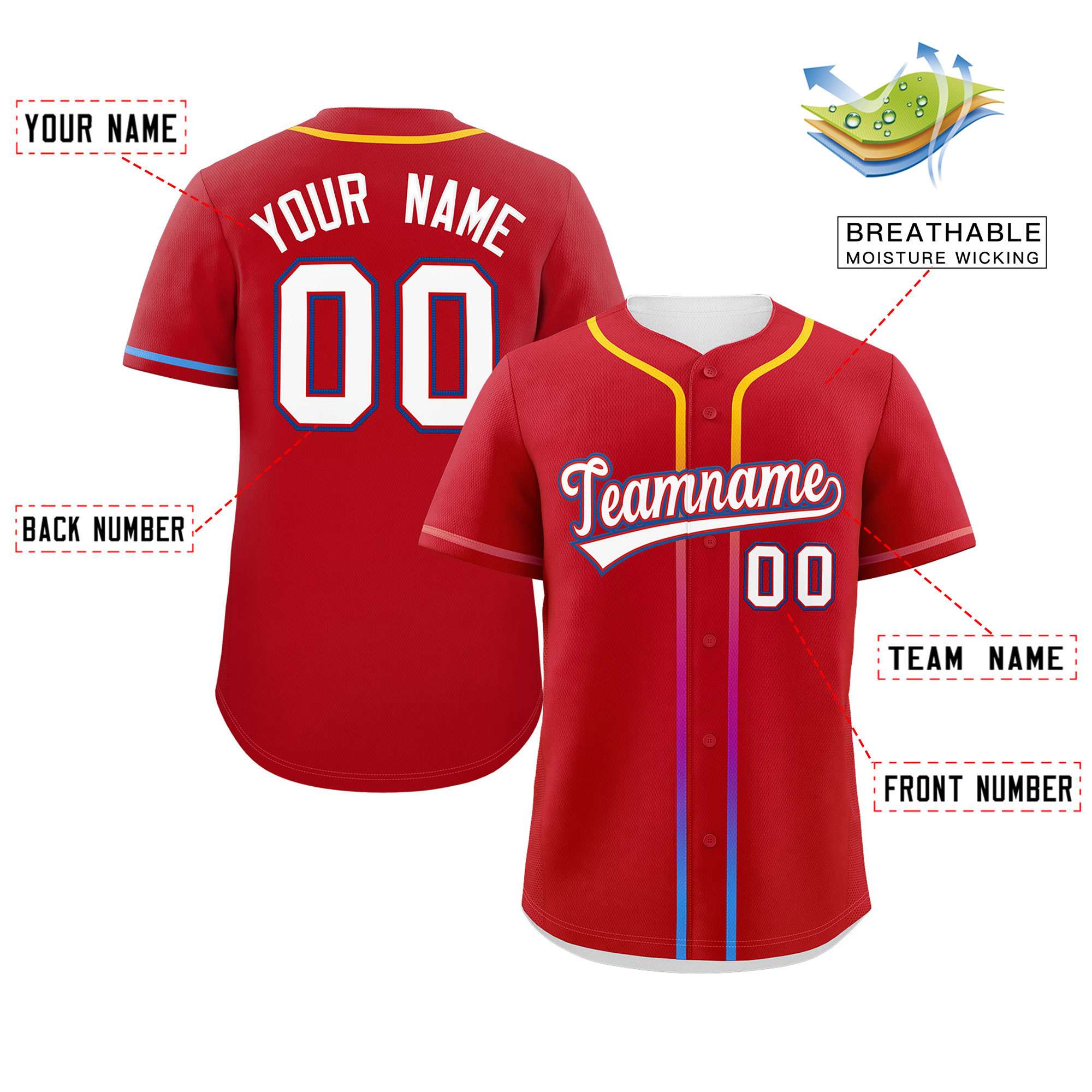 Custom Red White Personalized Gradient Ribbed Design Authentic Baseball Jersey