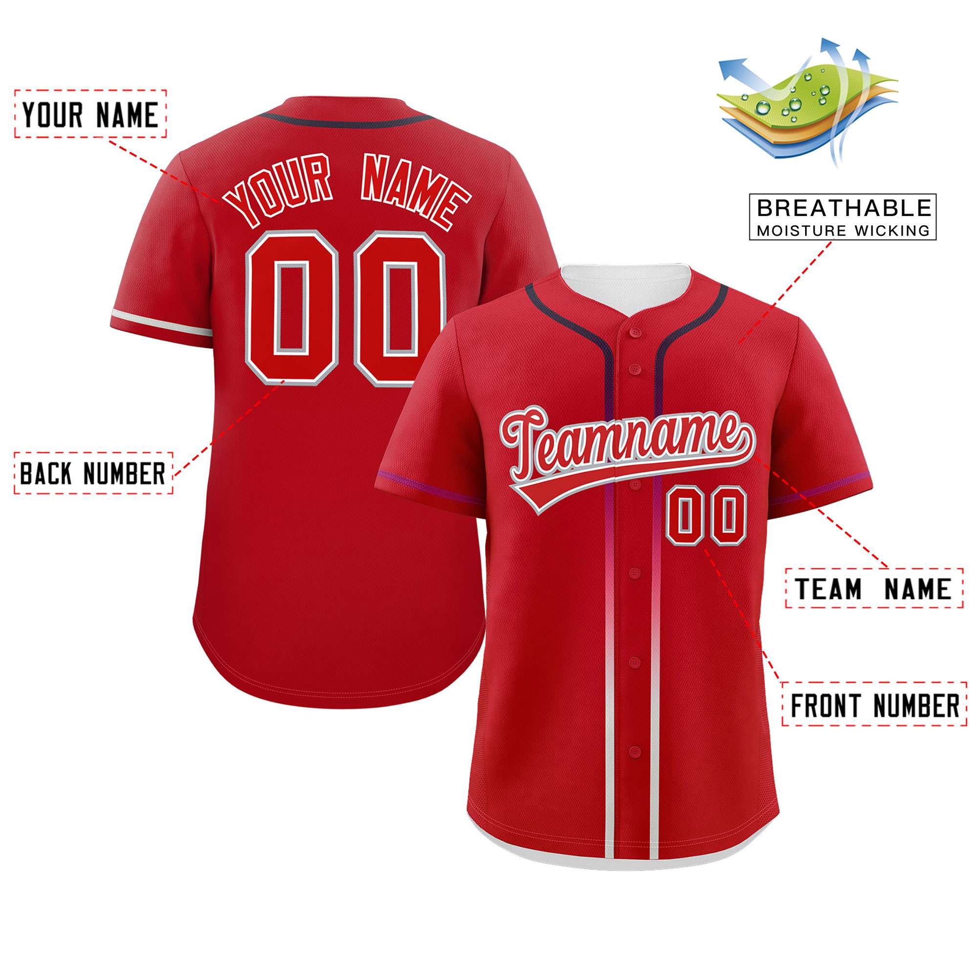 Custom Red Personalized Gradient Ribbed Design Authentic Baseball Jersey