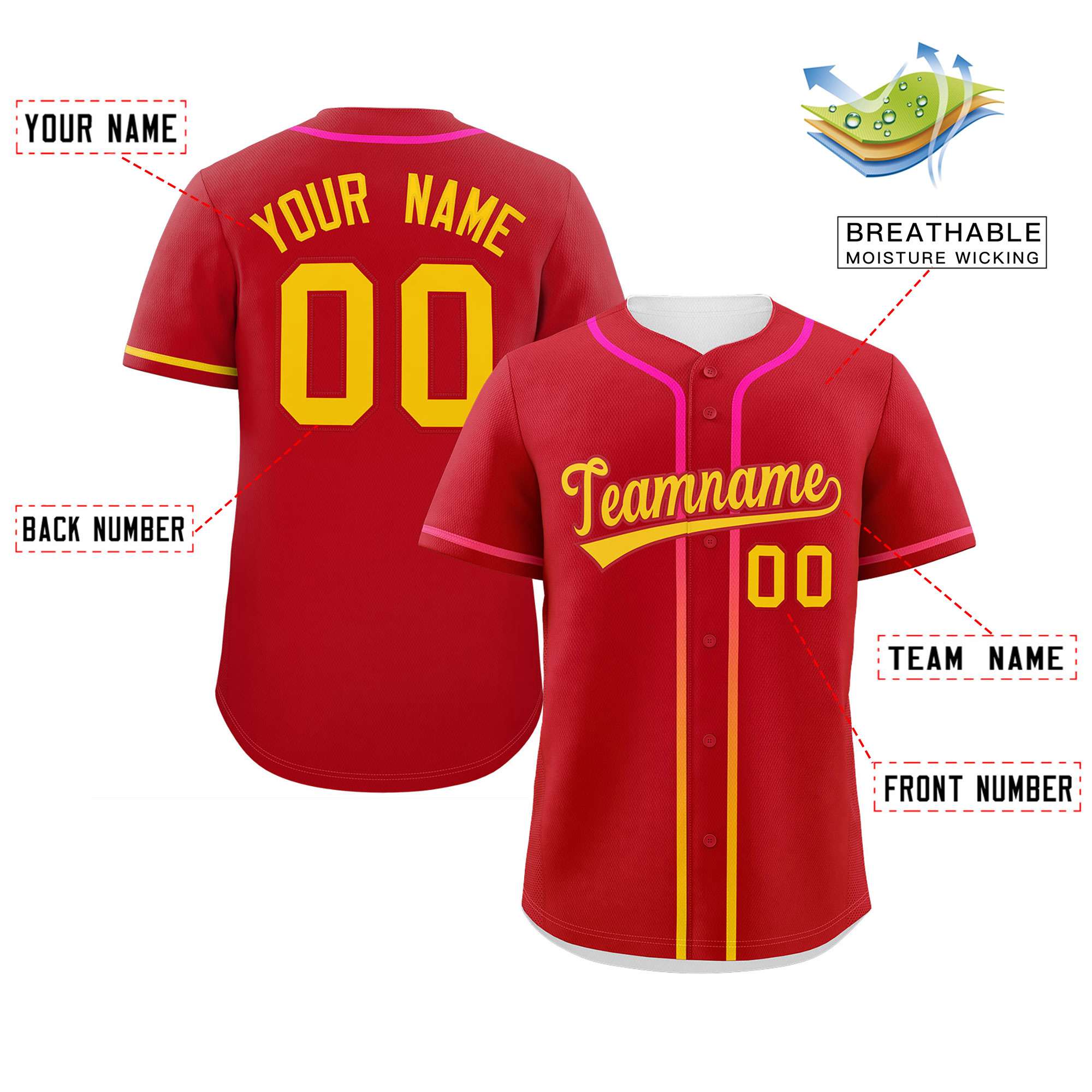 Custom Red Gold Personalized Gradient Ribbed Design Authentic Baseball Jersey