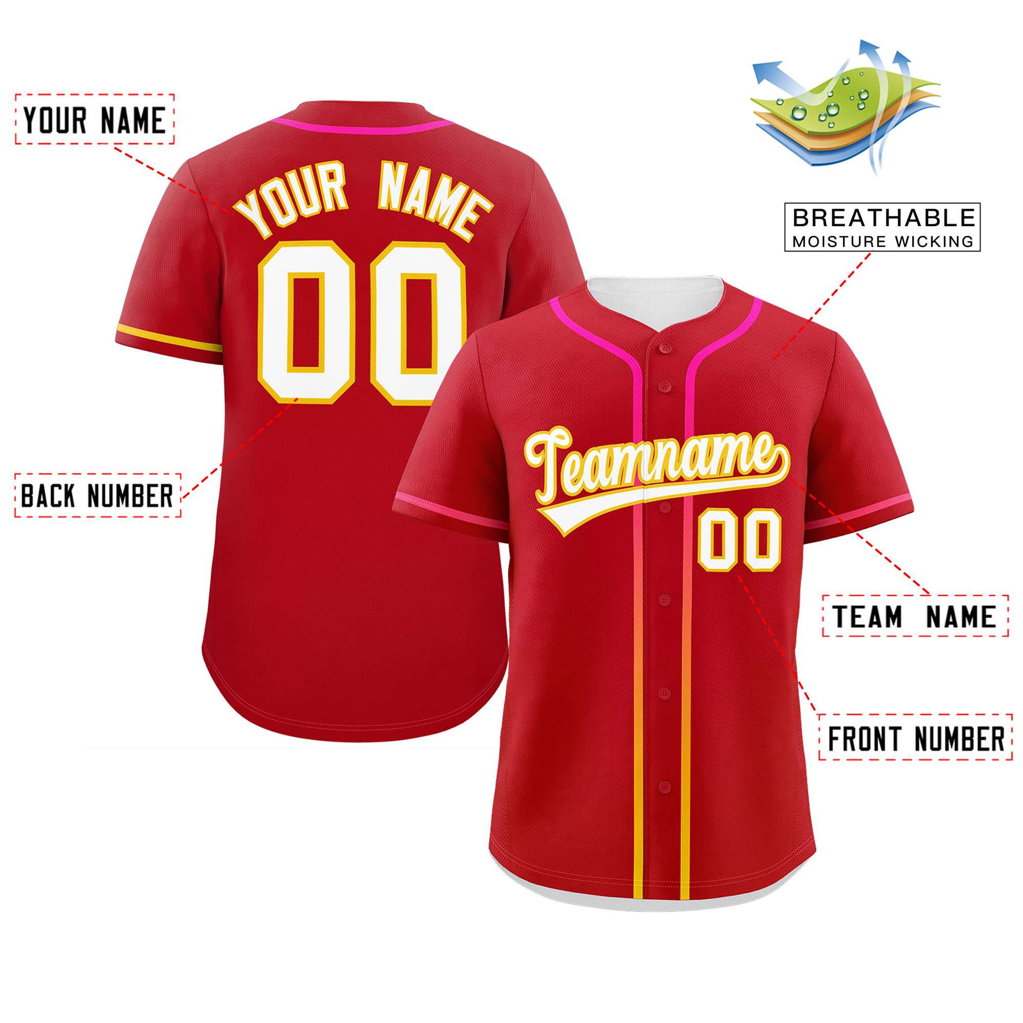 Custom Red White Personalized Gradient Ribbed Design Authentic Baseball Jersey