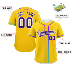 Custom Gold Purple Personalized Gradient Ribbed Design Authentic Baseball Jersey