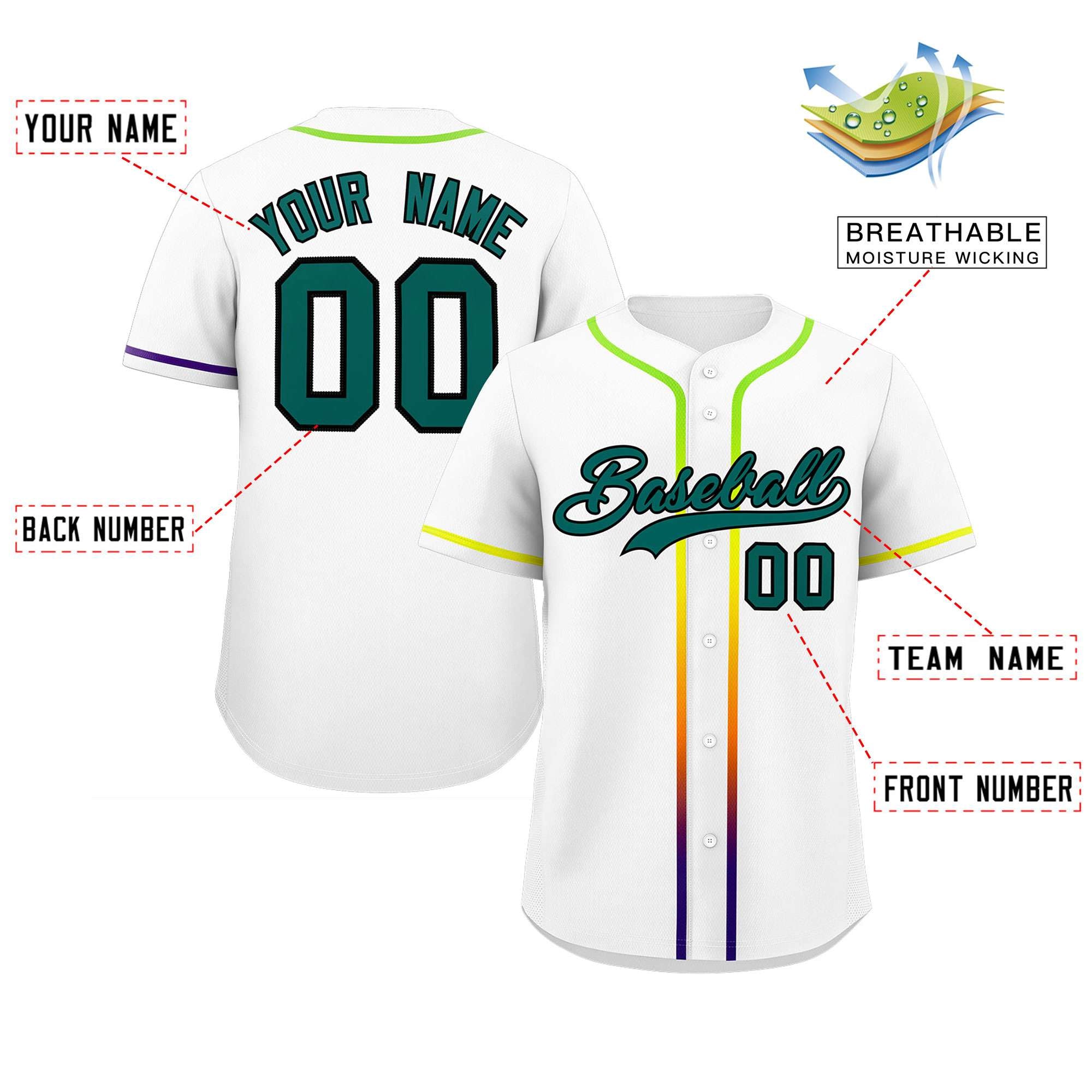 Custom White Aqua Personalized Gradient Ribbed Design Authentic Baseball Jersey