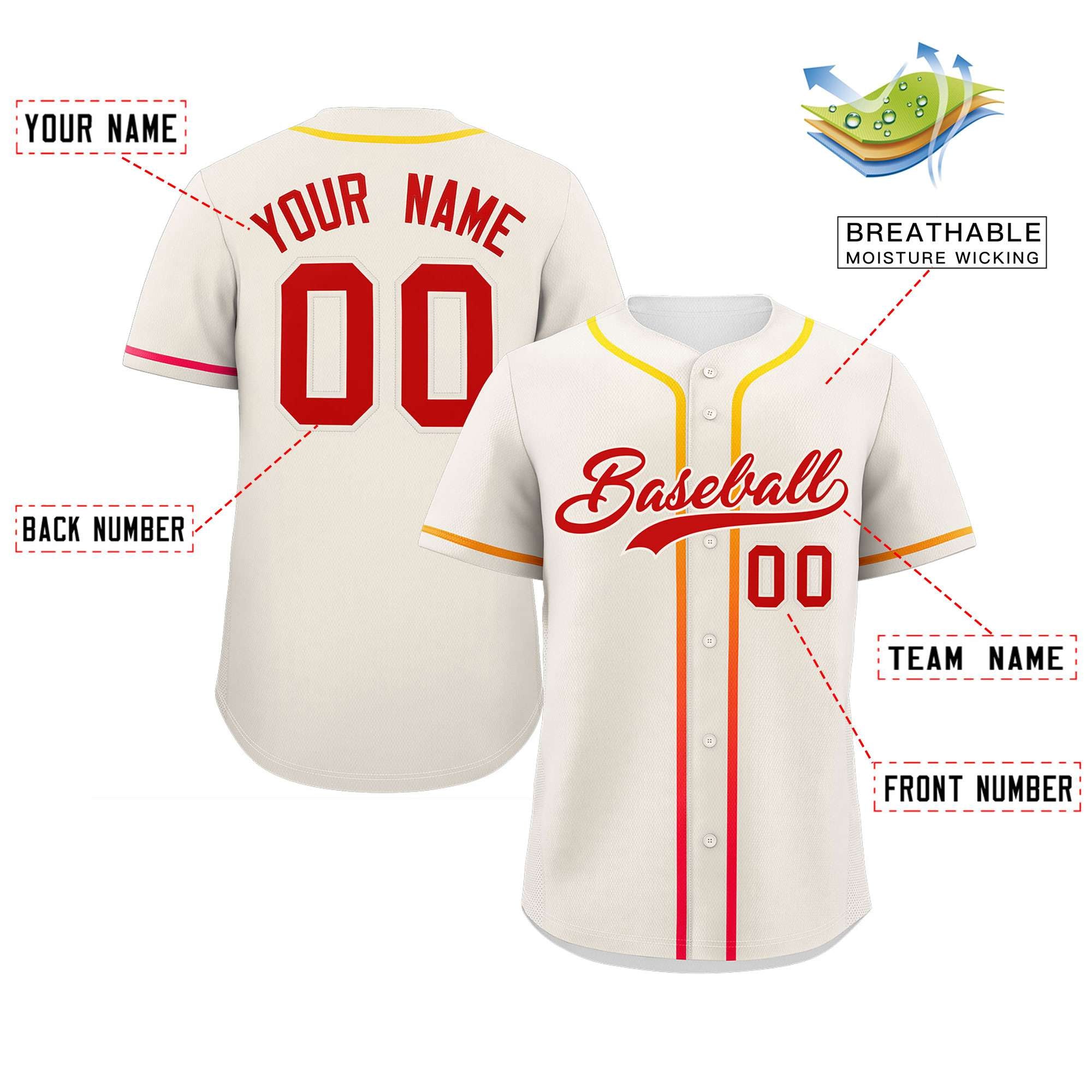 Custom Cream Red Personalized Gradient Ribbed Design Authentic Baseball Jersey