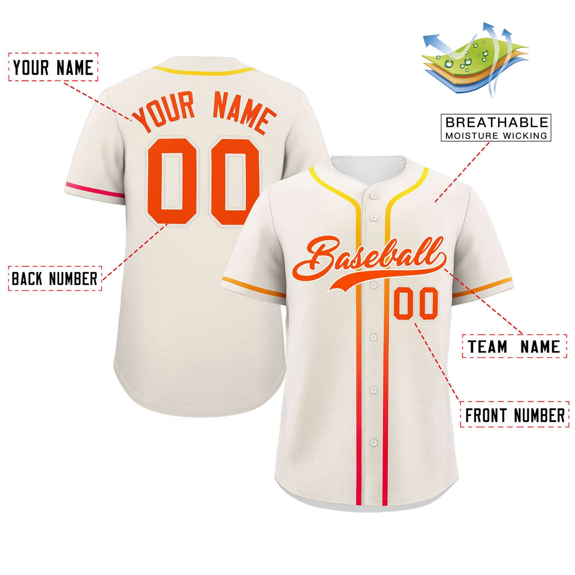 Custom Cream Orange Personalized Gradient Ribbed Design Authentic Baseball Jersey