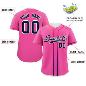 Custom Pink Navy Personalized Gradient Ribbed Design Authentic Baseball Jersey