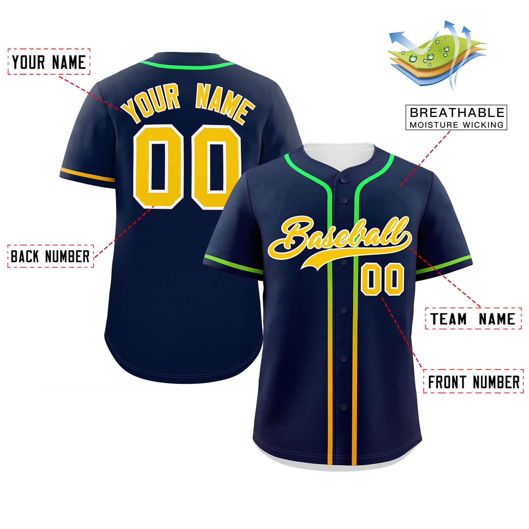 Custom Navy Gold Personalized Gradient Ribbed Design Authentic Baseball Jersey