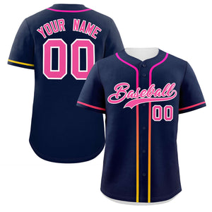 Custom Navy Pink Personalized Gradient Ribbed Design Authentic Baseball Jersey