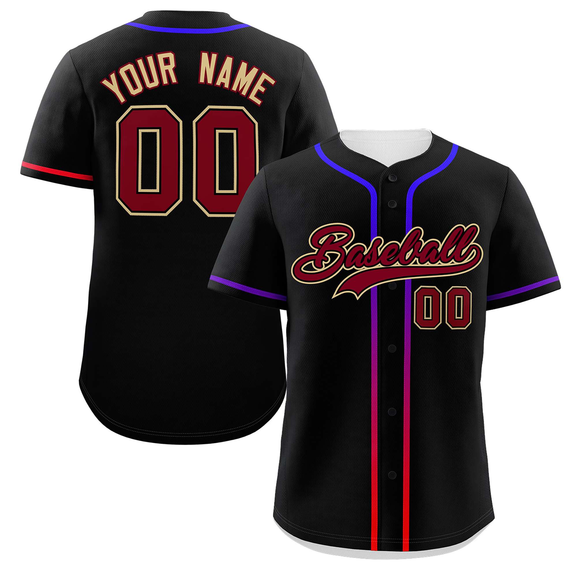 Custom Black Crimson Personalized Gradient Ribbed Design Authentic Baseball Jersey