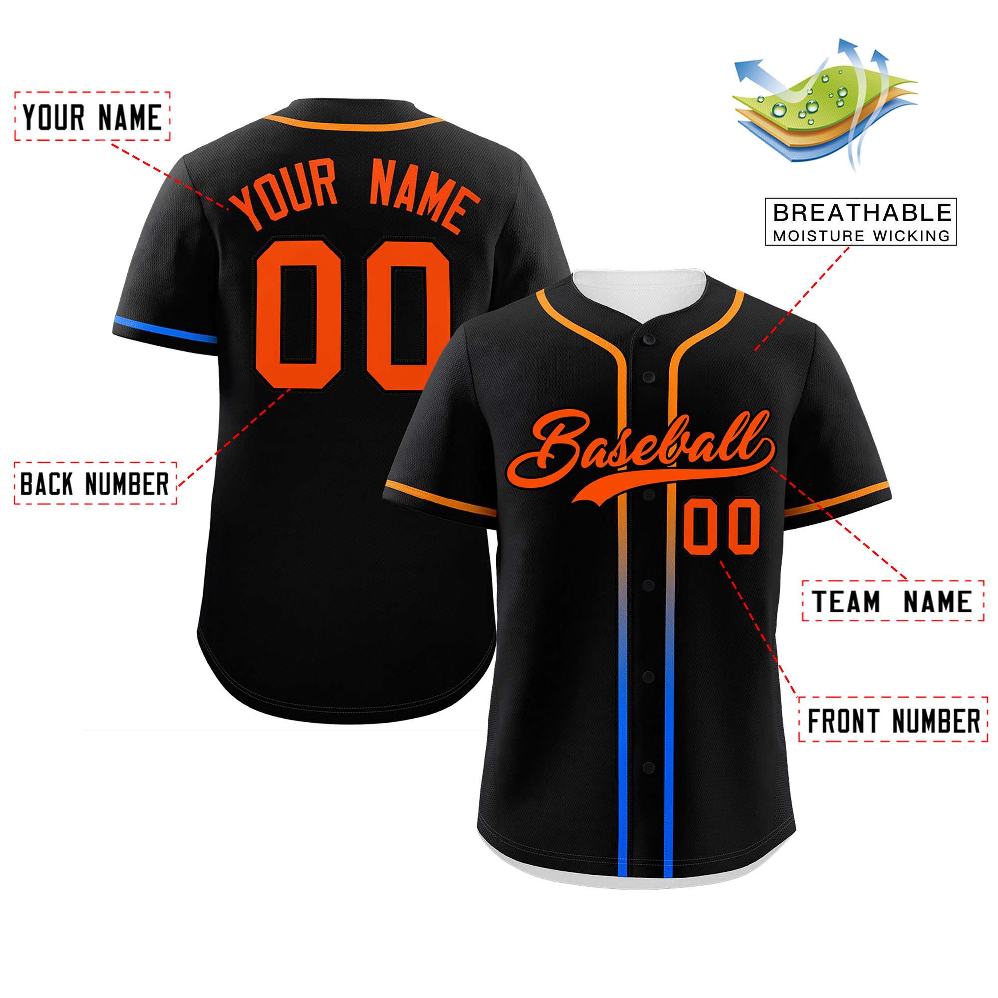 Custom Black Orange Personalized Gradient Ribbed Design Authentic Baseball Jersey