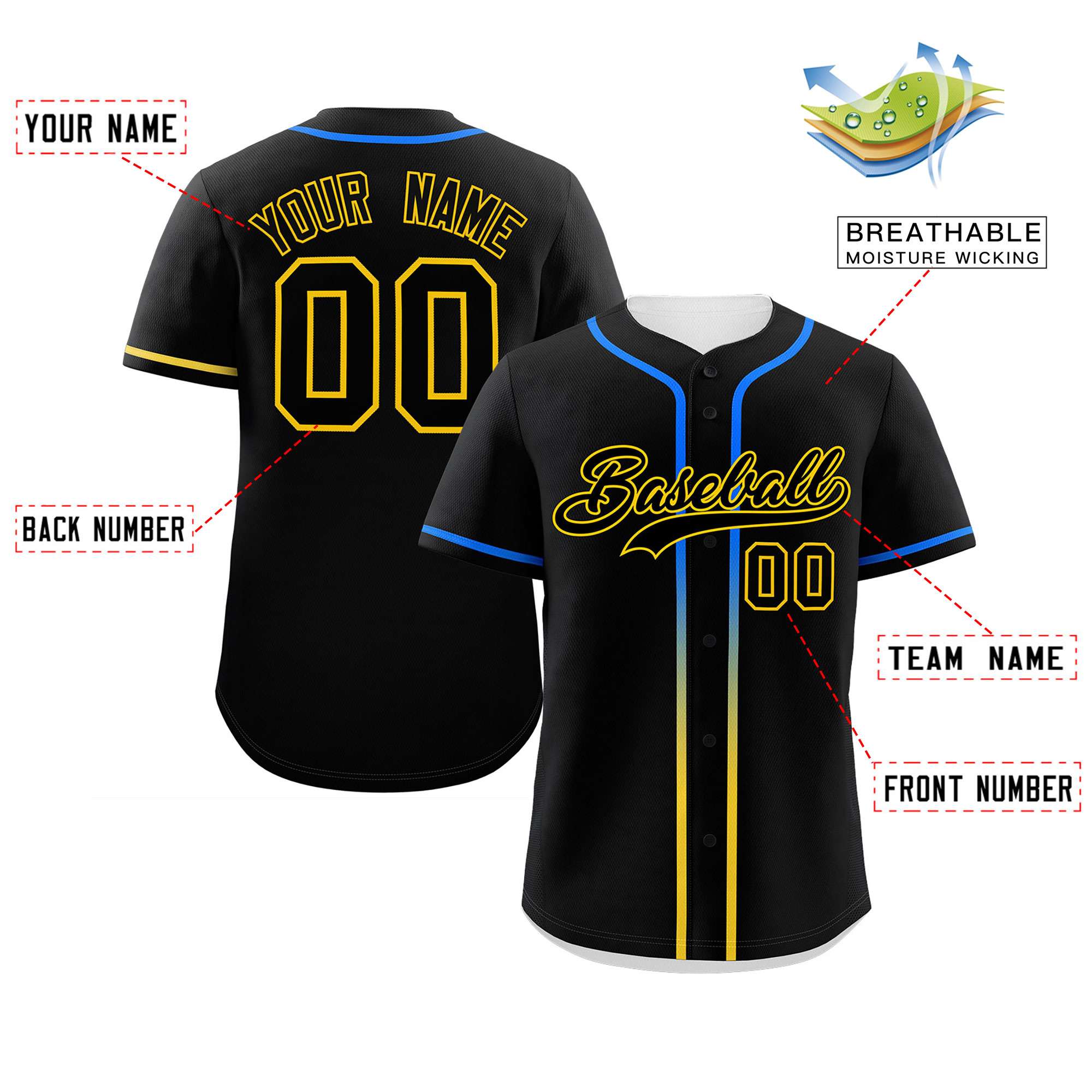 Custom Black Gold Personalized Gradient Ribbed Design Authentic Baseball Jersey