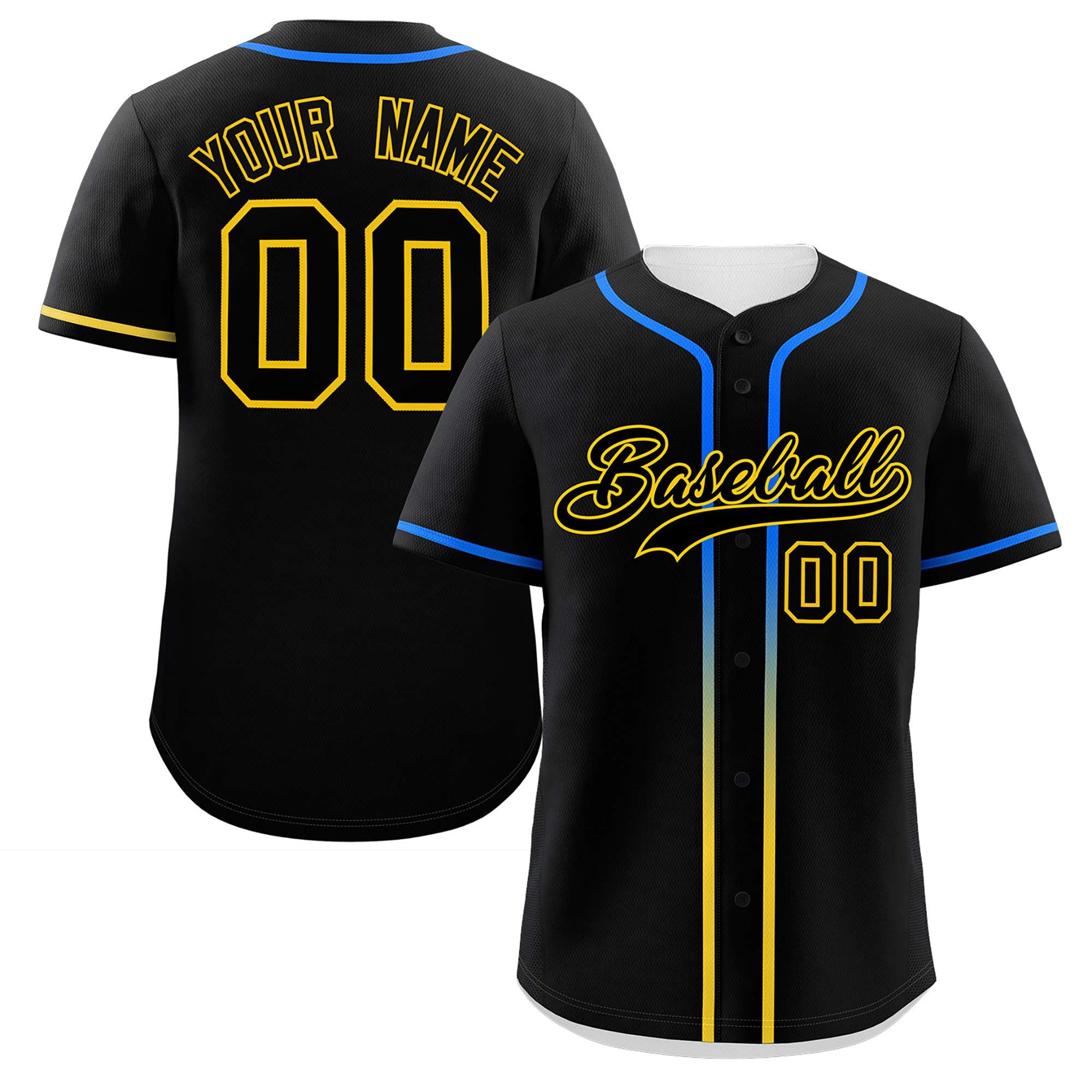 Custom Black Gold Personalized Gradient Ribbed Design Authentic Baseball Jersey