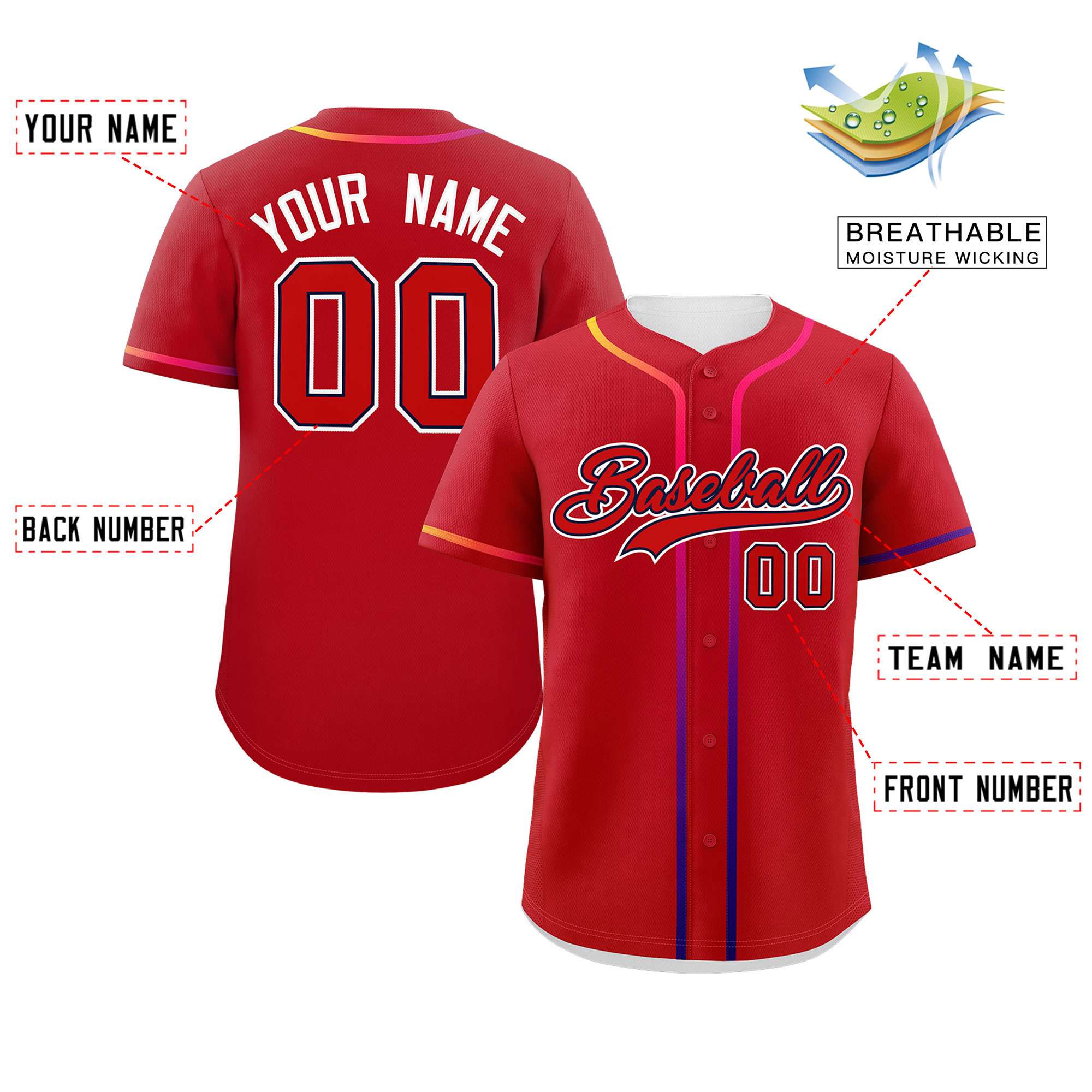 Custom Red White Personalized Gradient Ribbed Design Authentic Baseball Jersey