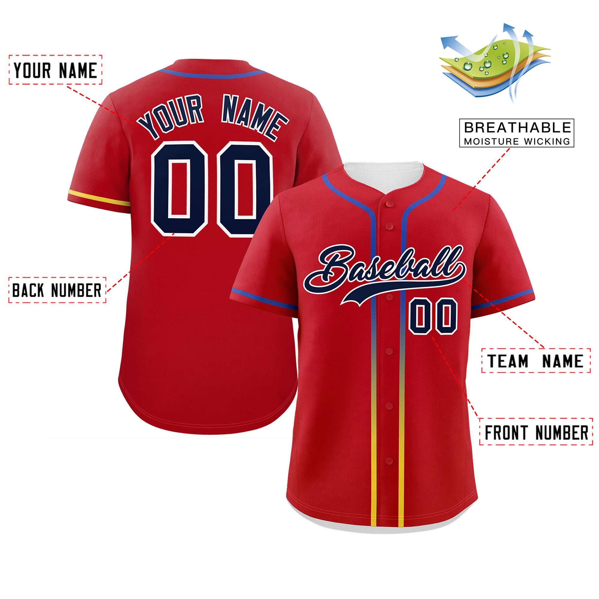 Custom Red Navy Personalized Gradient Ribbed Design Authentic Baseball Jersey