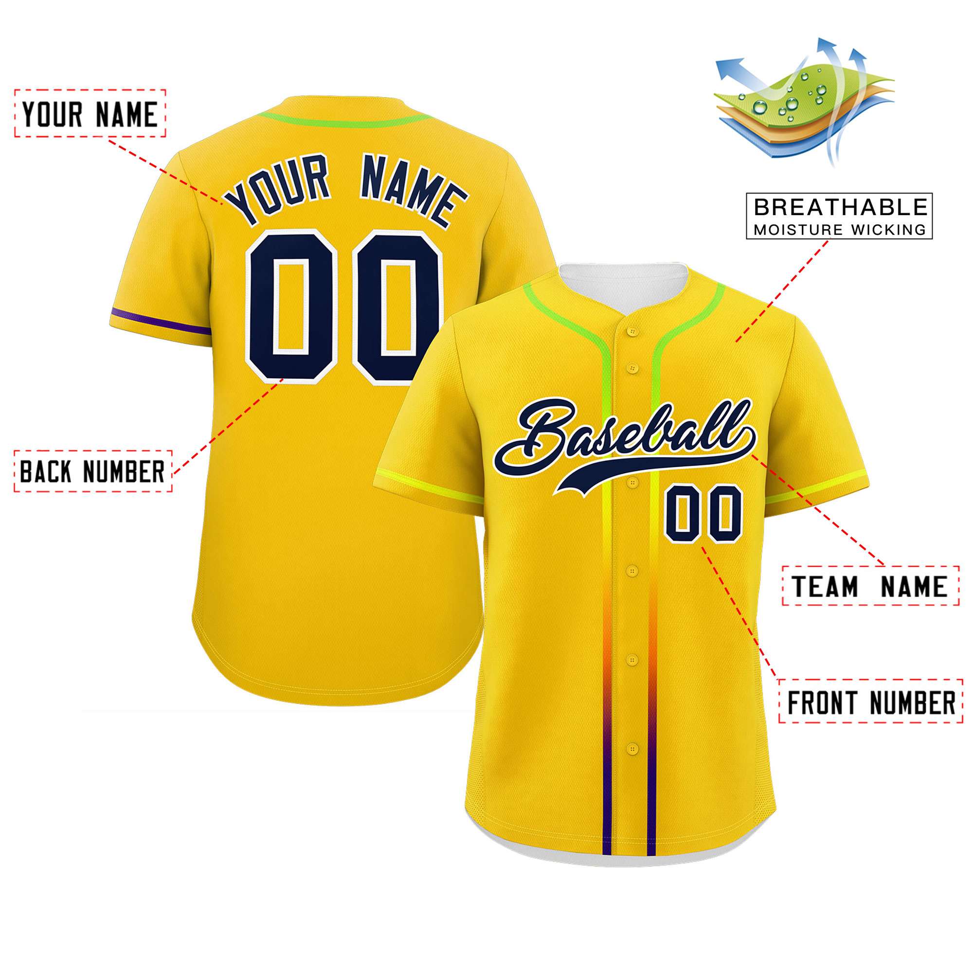 Custom Gold Navy Personalized Gradient Ribbed Design Authentic Baseball Jersey