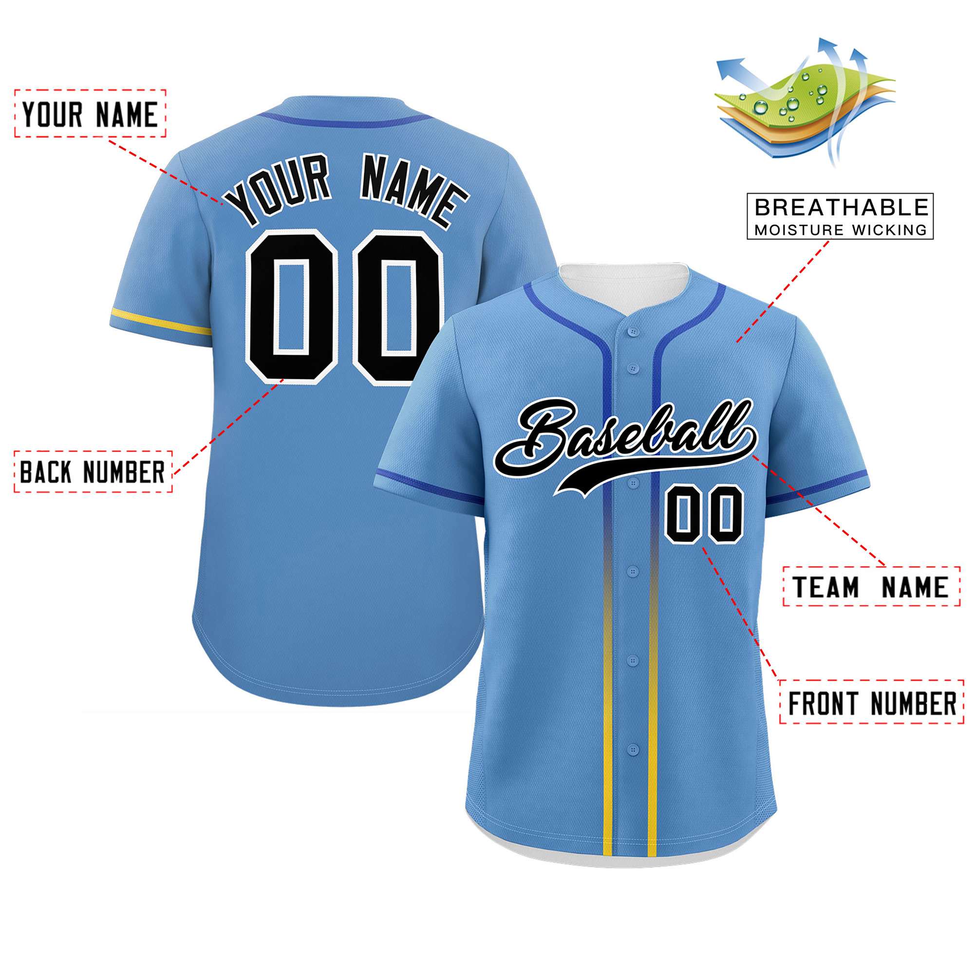 Custom Light Blue Black Personalized Gradient Ribbed Design Authentic Baseball Jersey