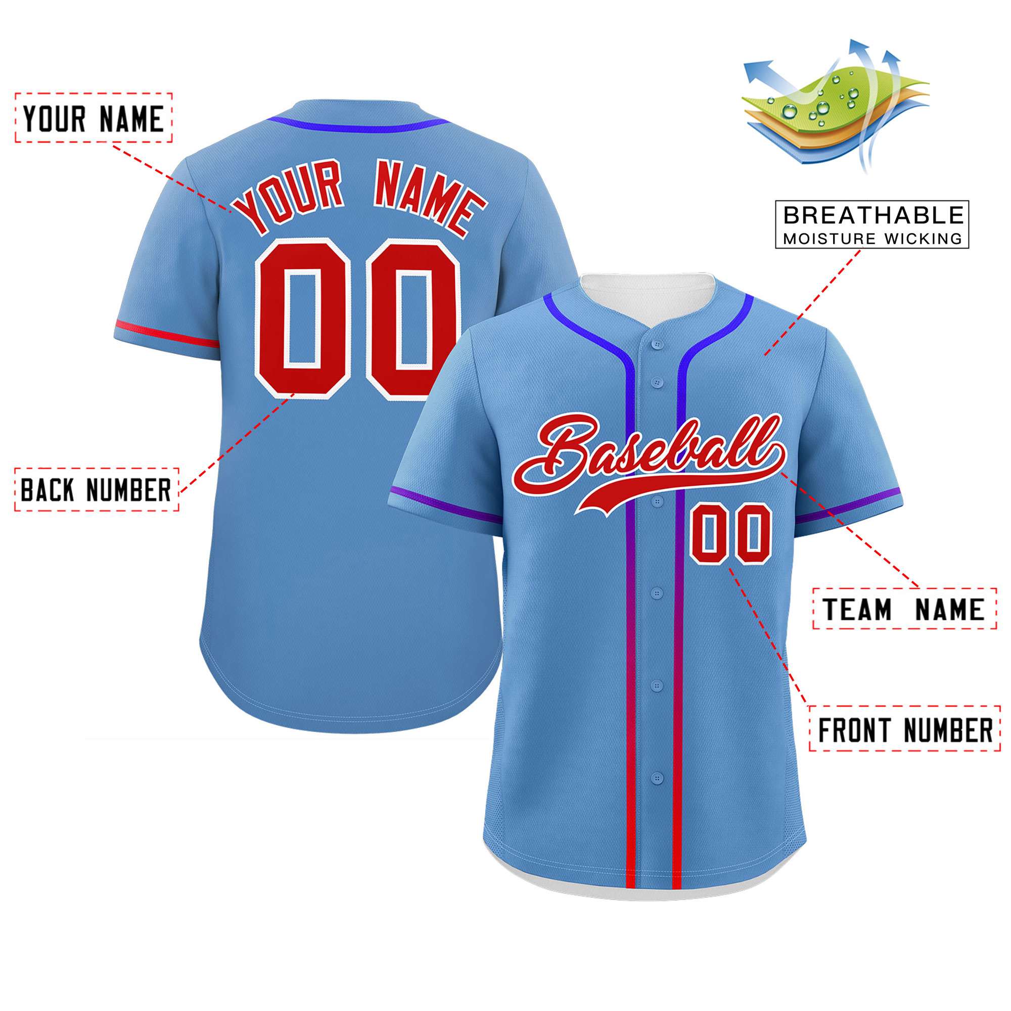 Custom Light Blue Red Personalized Gradient Ribbed Design Authentic Baseball Jersey