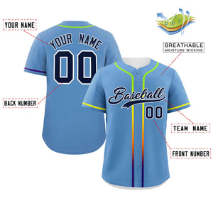 Custom Light Blue Navy Personalized Gradient Ribbed Design Authentic Baseball Jersey