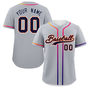 Custom Light Gray Navy Personalized Gradient Ribbed Design Authentic Baseball Jersey