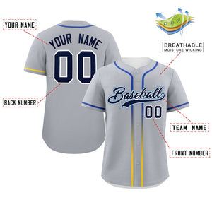 Custom Light Gray Navy Personalized Gradient Ribbed Design Authentic Baseball Jersey