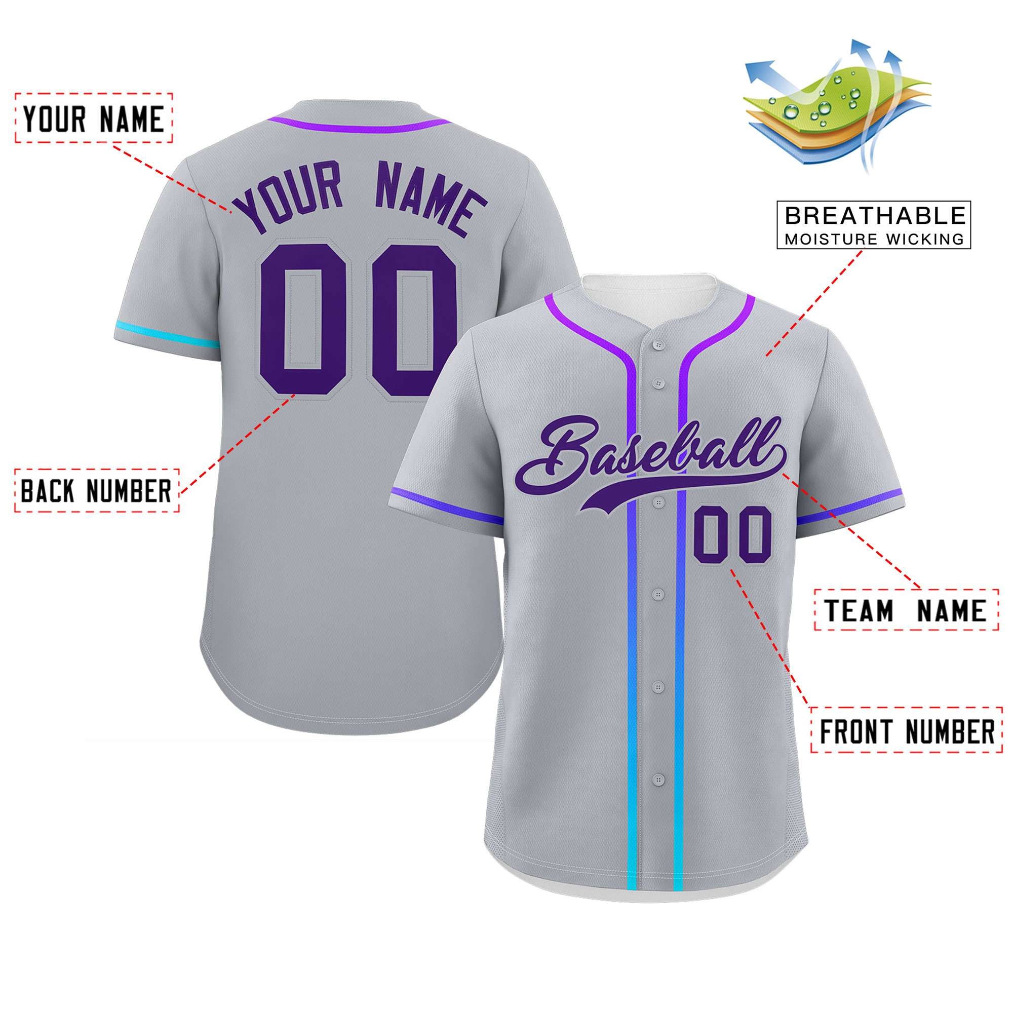 Custom Light Gray Purple Personalized Gradient Ribbed Design Authentic Baseball Jersey