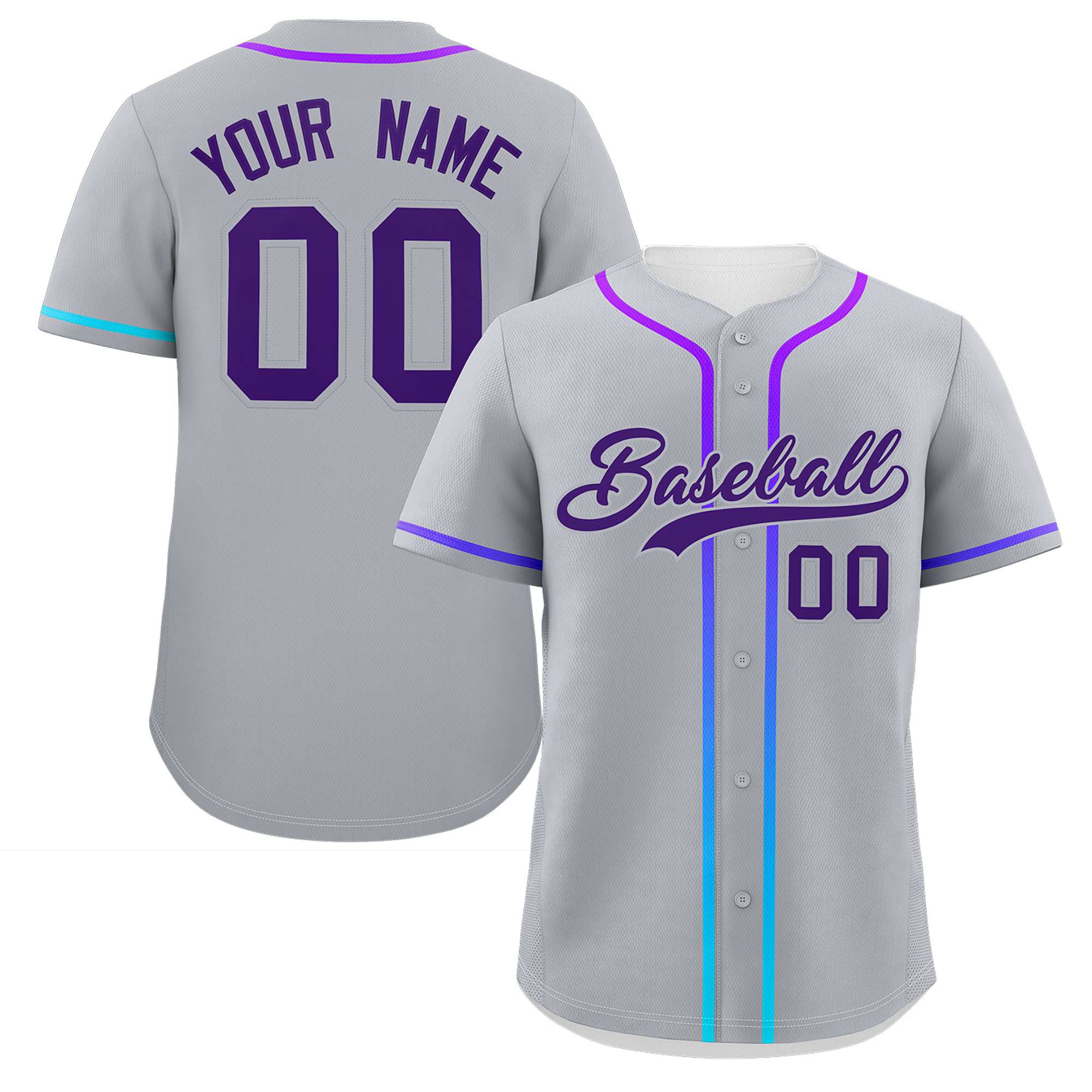 Custom Light Gray Purple Personalized Gradient Ribbed Design Authentic Baseball Jersey