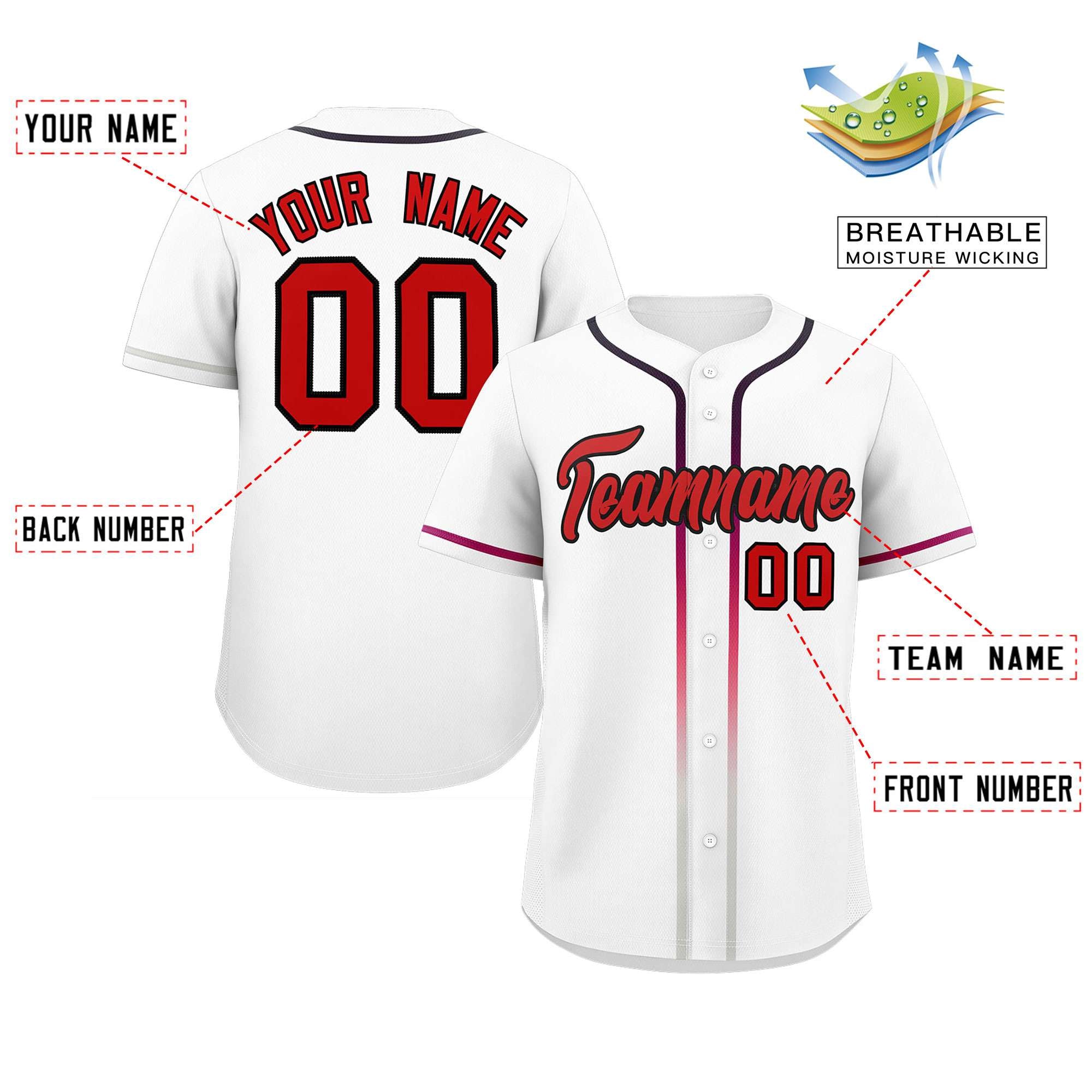 Custom White Red Personalized Gradient Ribbed Design Authentic Baseball Jersey