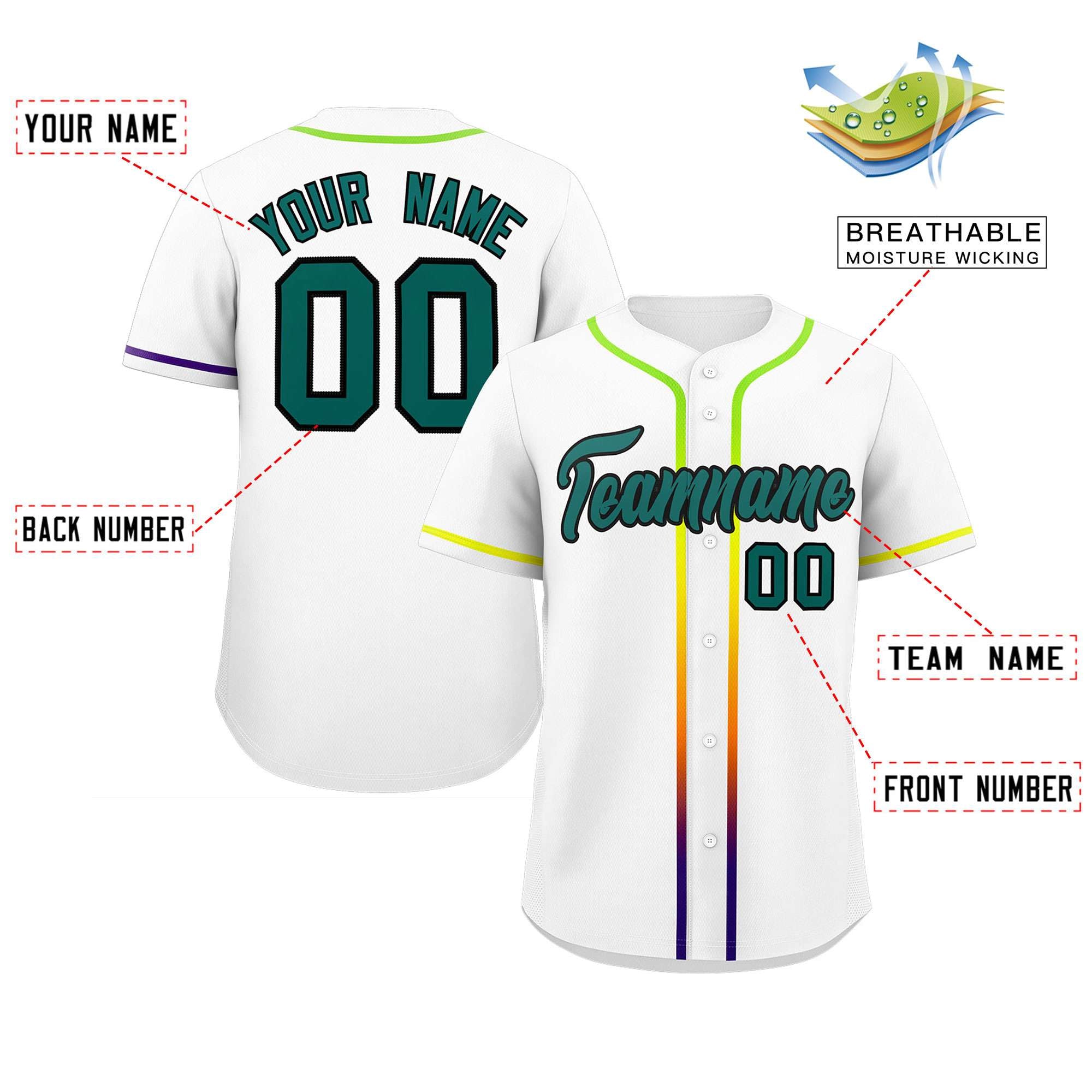 Custom White Aqua Personalized Gradient Ribbed Design Authentic Baseball Jersey