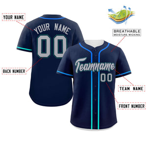 Custom Navy Light Gray Personalized Gradient Ribbed Design Authentic Baseball Jersey